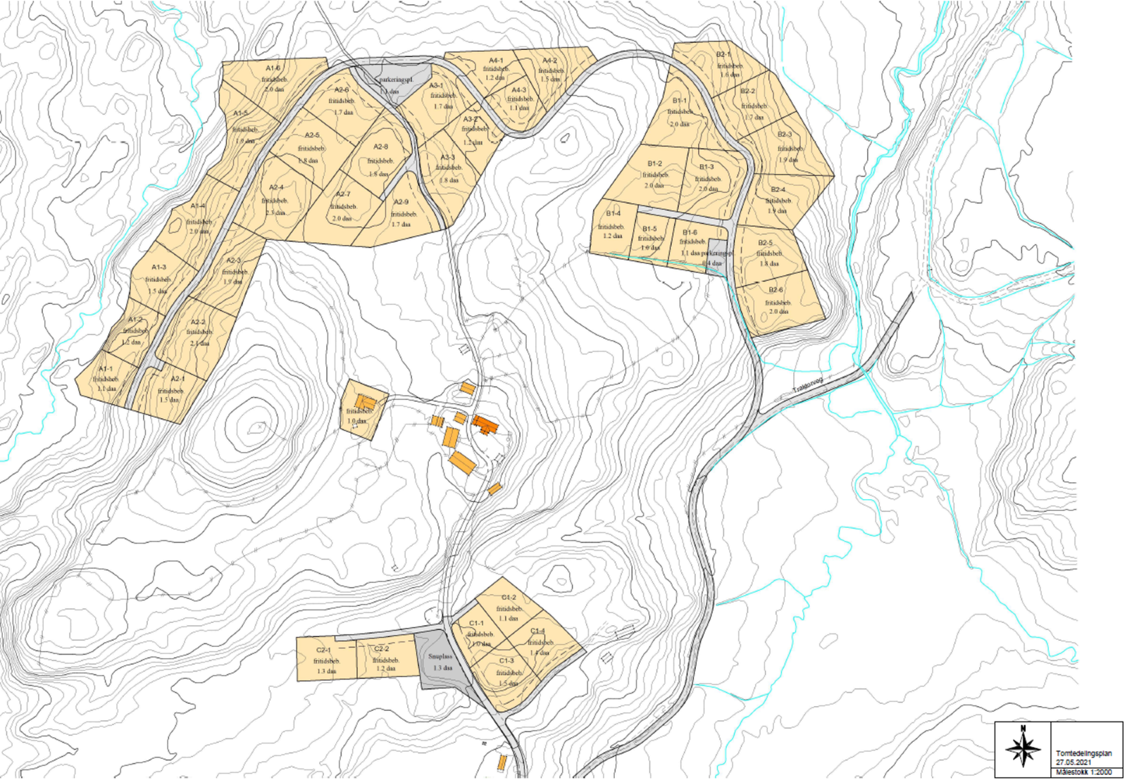 Utkast til tomtedelingsplan som allerede er forelagt Orkland kommune. Her skissert med 39 romslige tomter. Galleribilde