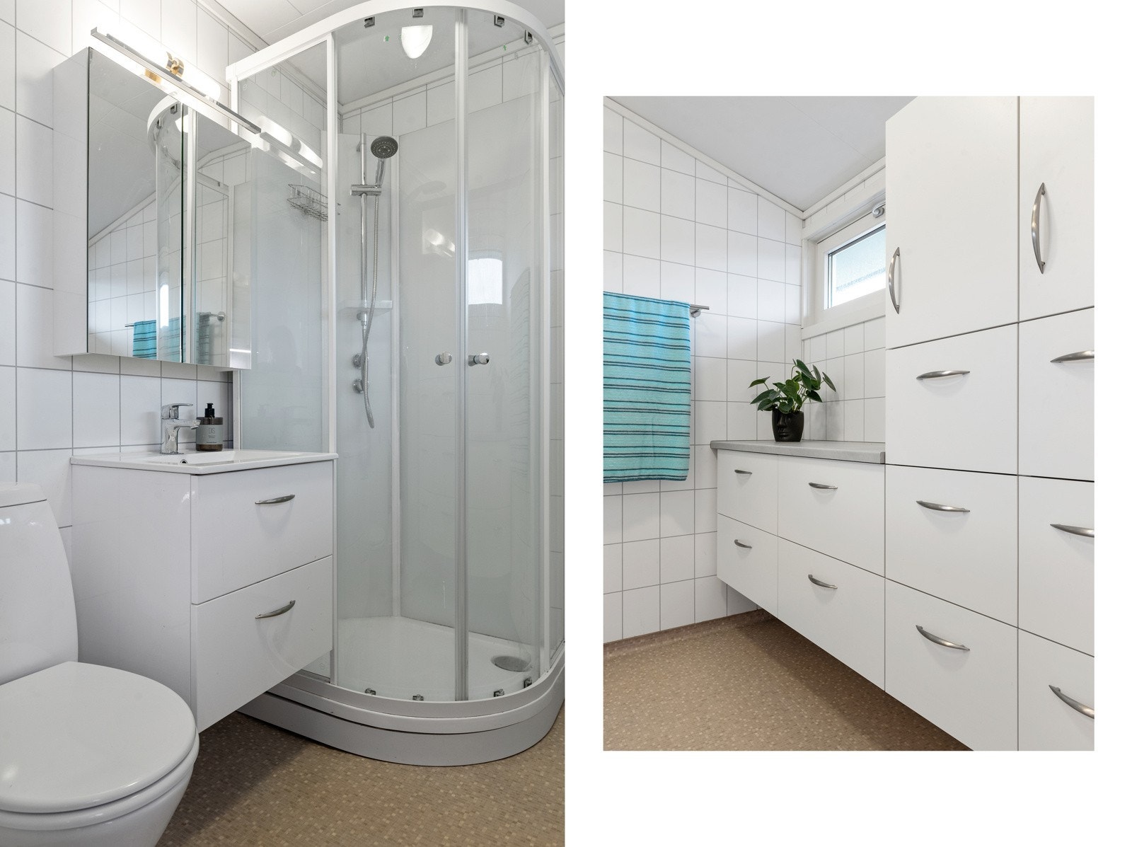 Meget god lagringsplass på badet. Dusjkabinett sørger for kontrollert avrenning til sluk og forlenger levetiden på badet. Galleribilde