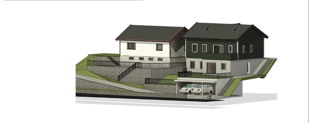 Illustrasjon av bygget som er godkjent på eiendommen. Bygget i hvit farge er eksisternede bygg på eiendommen. Galleribilde