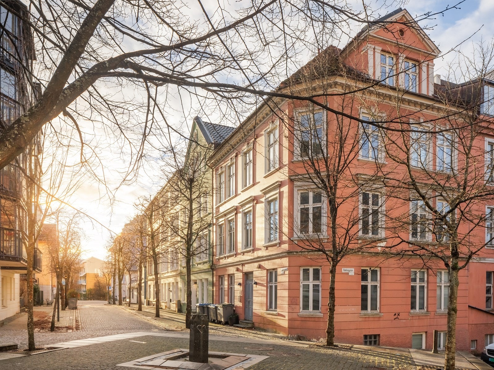 Baglergaten er uten gjennomgangstrafikk, og er pent opparbeidet med brostein og trær langs fortau Galleribilde