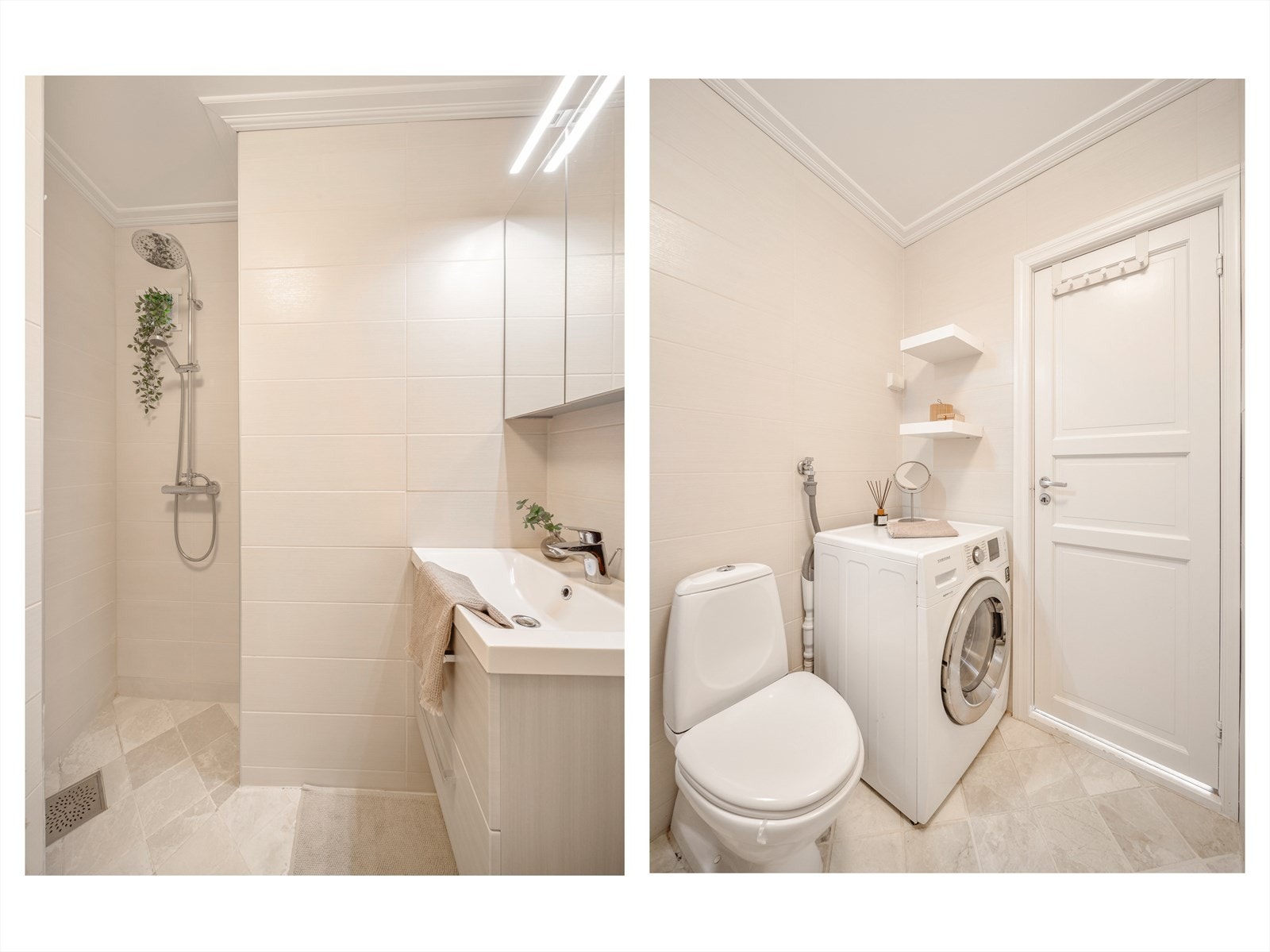 Badet er utstyrt med toalett, en romslig servant med underskap og speilskap for ekstra oppbevaring, samt en dusjnisje Galleribilde