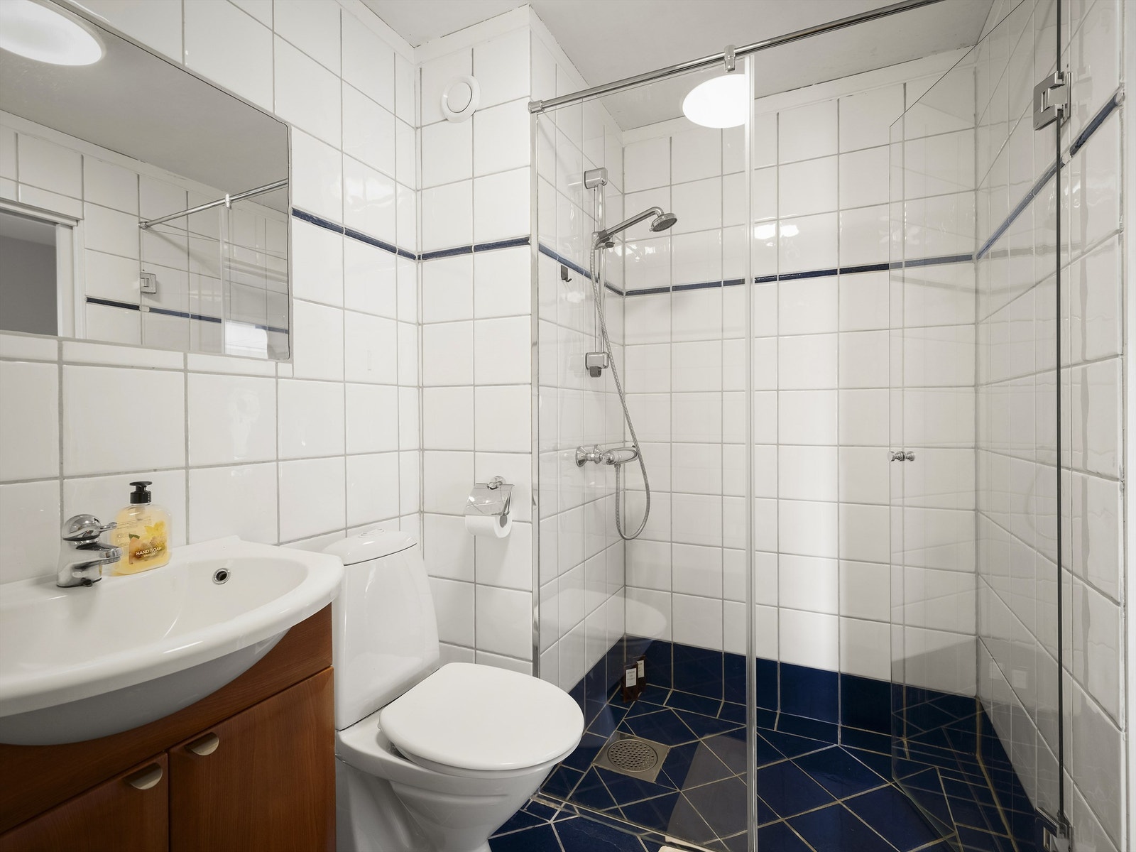 Dusjnisjen er utpreget romslig, avskjermet med vegg og dør i glass som antas å være montert i nyere tid. Galleribilde