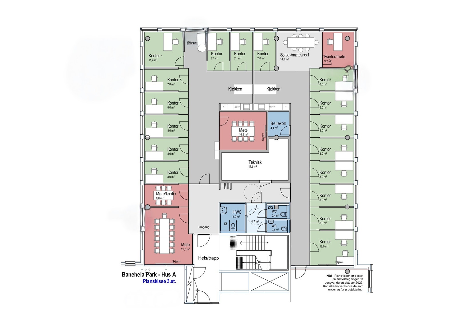 Lokalet i 3. etasje omfatter hele etasjene og utgjør totalt ca. 383 kvm BTA eksklusivt areal. Galleribilde
