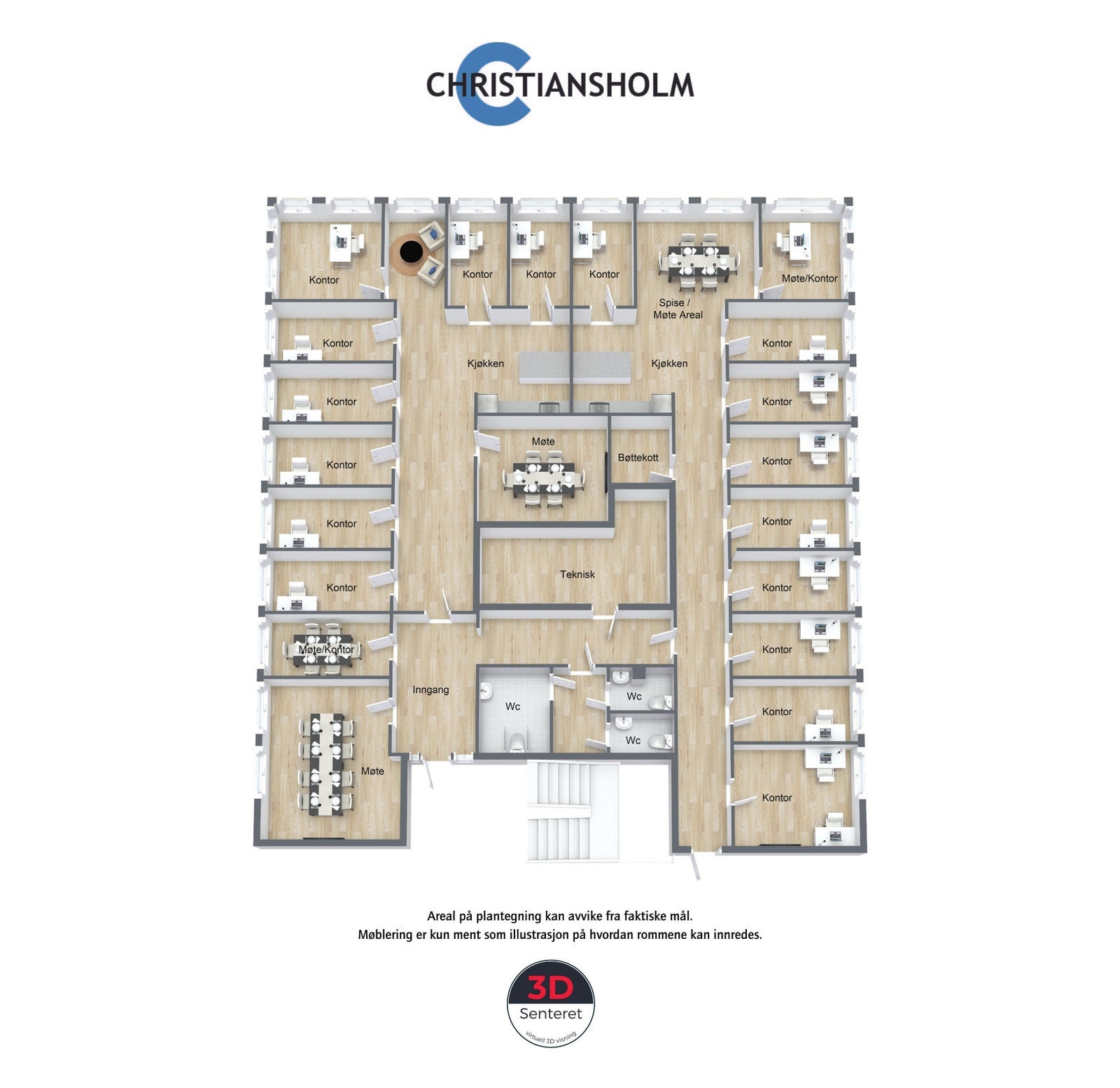 Lokalet i 3. etasje omfatter hele etasjene og utgjør totalt ca. 383 kvm BTA eksklusivt areal. Galleribilde