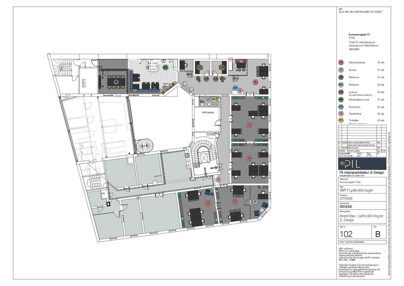 Plantegning slik det er løst i dag. Lydrom (LR) kan endres til møterom / flexrom, evt åpnes helt opp og gjøres om til sosial sone Galleribilde
