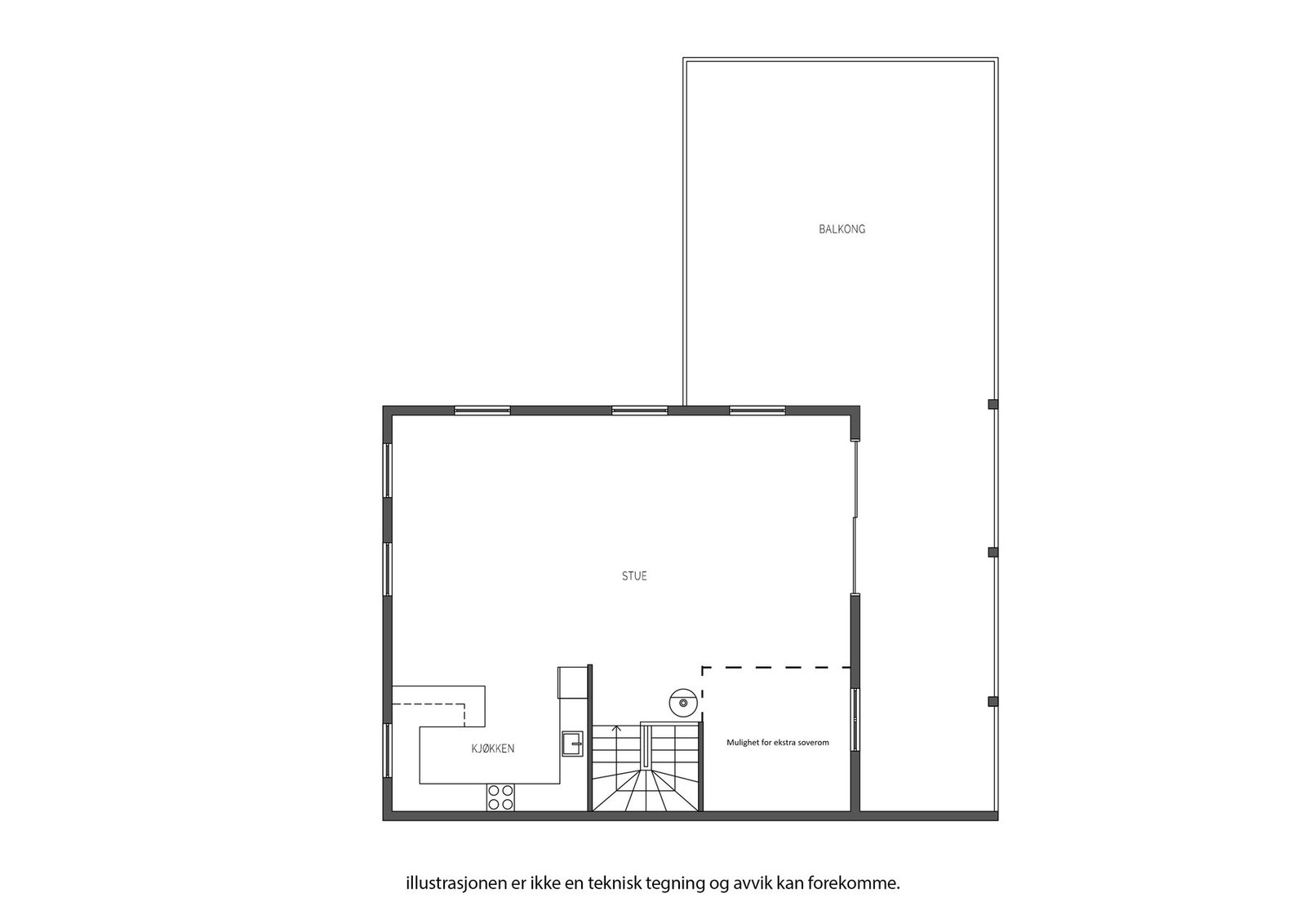 Planløsning - Boenhet 1, 2. etasje. Stipulert linje viser mulighet for et ekstra soverom. Galleribilde