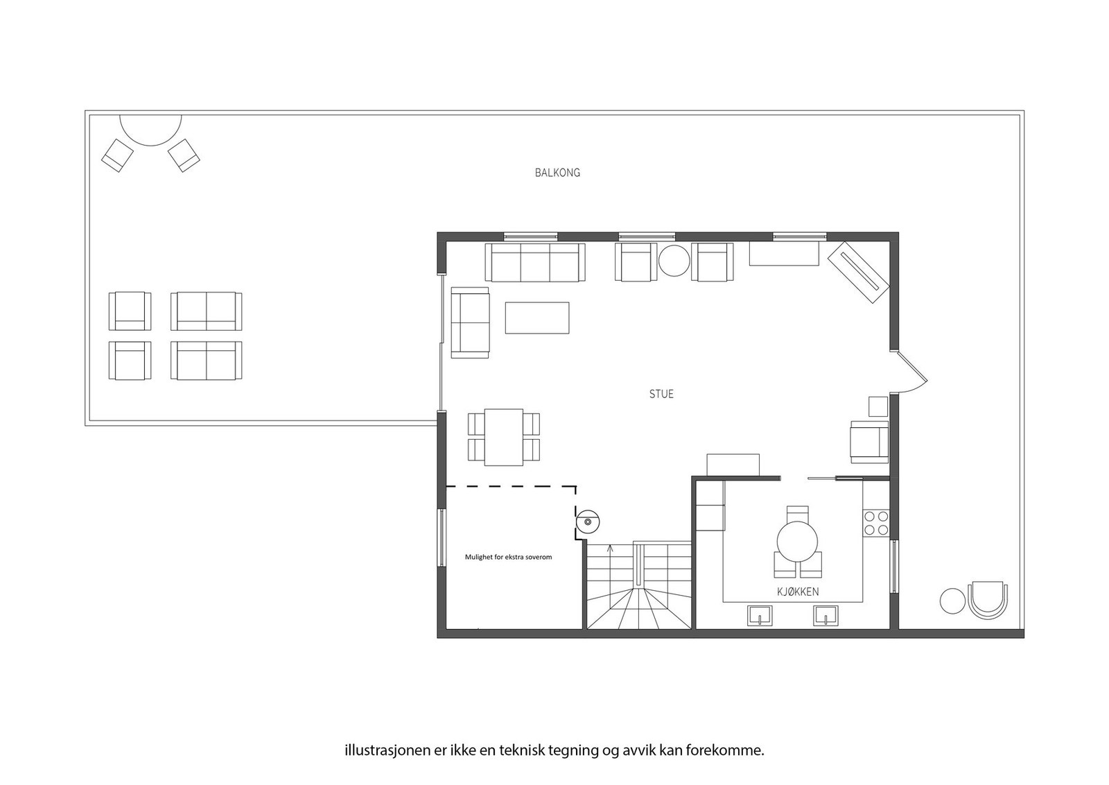 Planløsning - Boenhet 2, 2. etasje. Stipulert linje viser mulighet for et ekstra soverom. Galleribilde