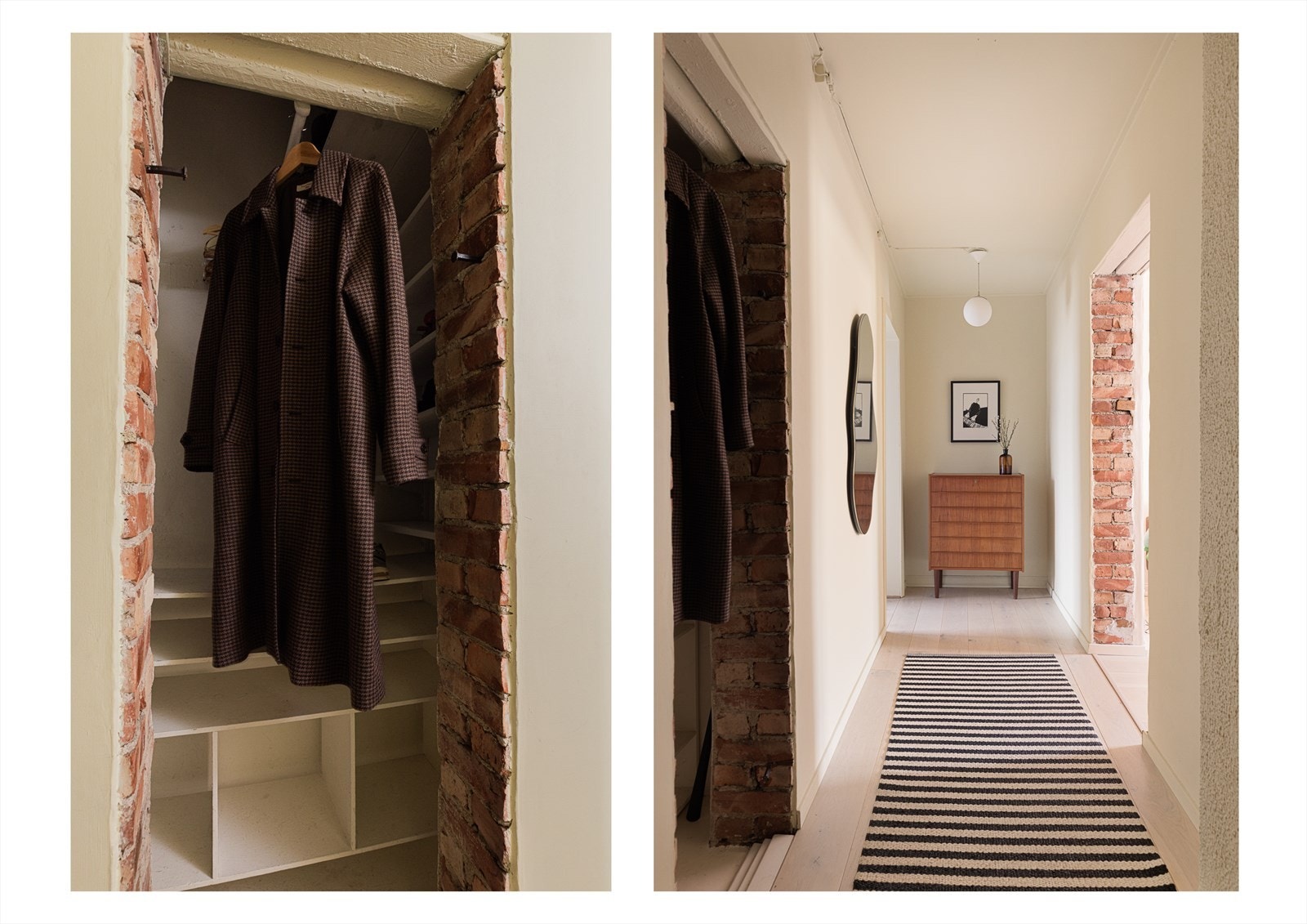 Leiligheten har en meget innbydende entré hvor man blir møtt med en lys og pen 1-stavs eikeparkett på gulv, og lysmalte veggflater. Her er det en praktisk nisje med garderobeinnredning for oppbevaring. Galleribilde