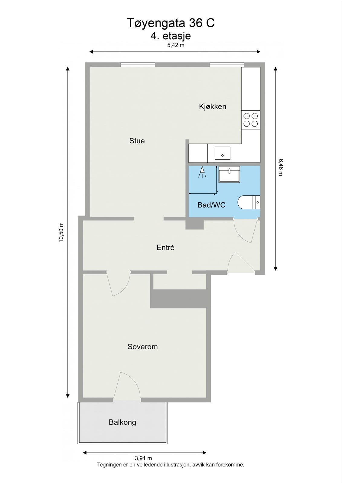 Leiligheten ligger i 4.etasje og har en praktisk planløsning som inneholder kjøkken og stue i åpen stue, bad og ett soverom med utgang til balkong som vender mot flott bakgård. Galleribilde