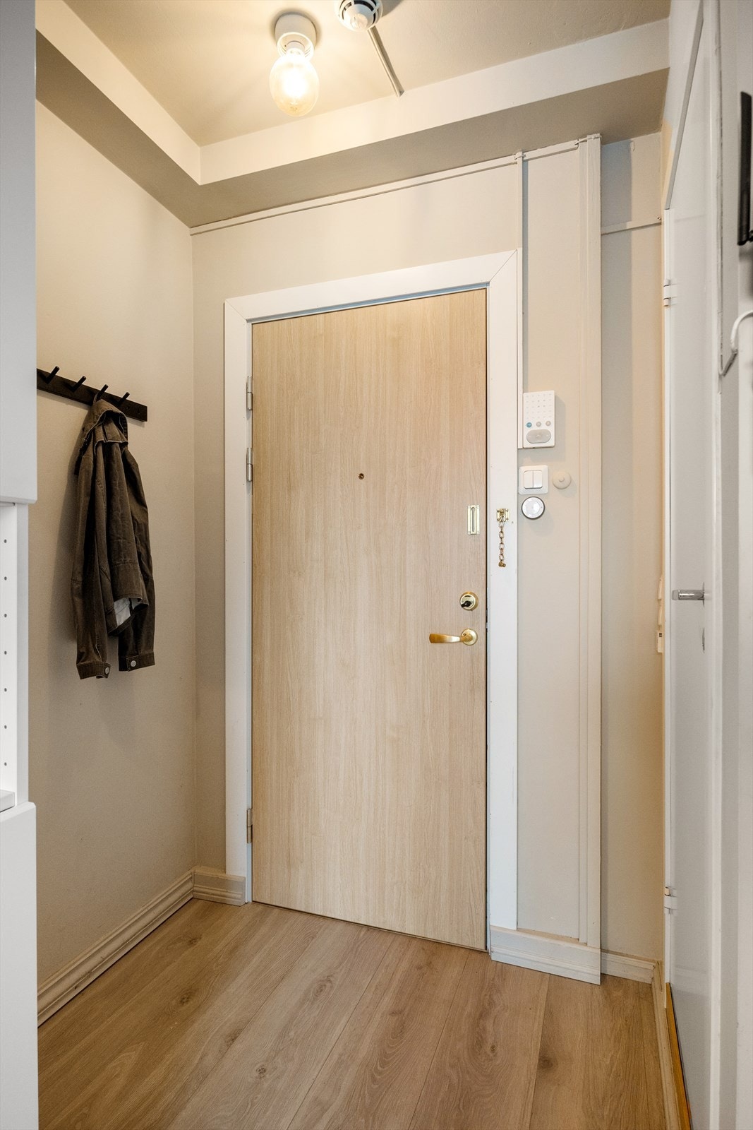 Åpen entré med plass til ytterklær og sko i garderobeskap. Callinganlegg med døråpner. Galleribilde