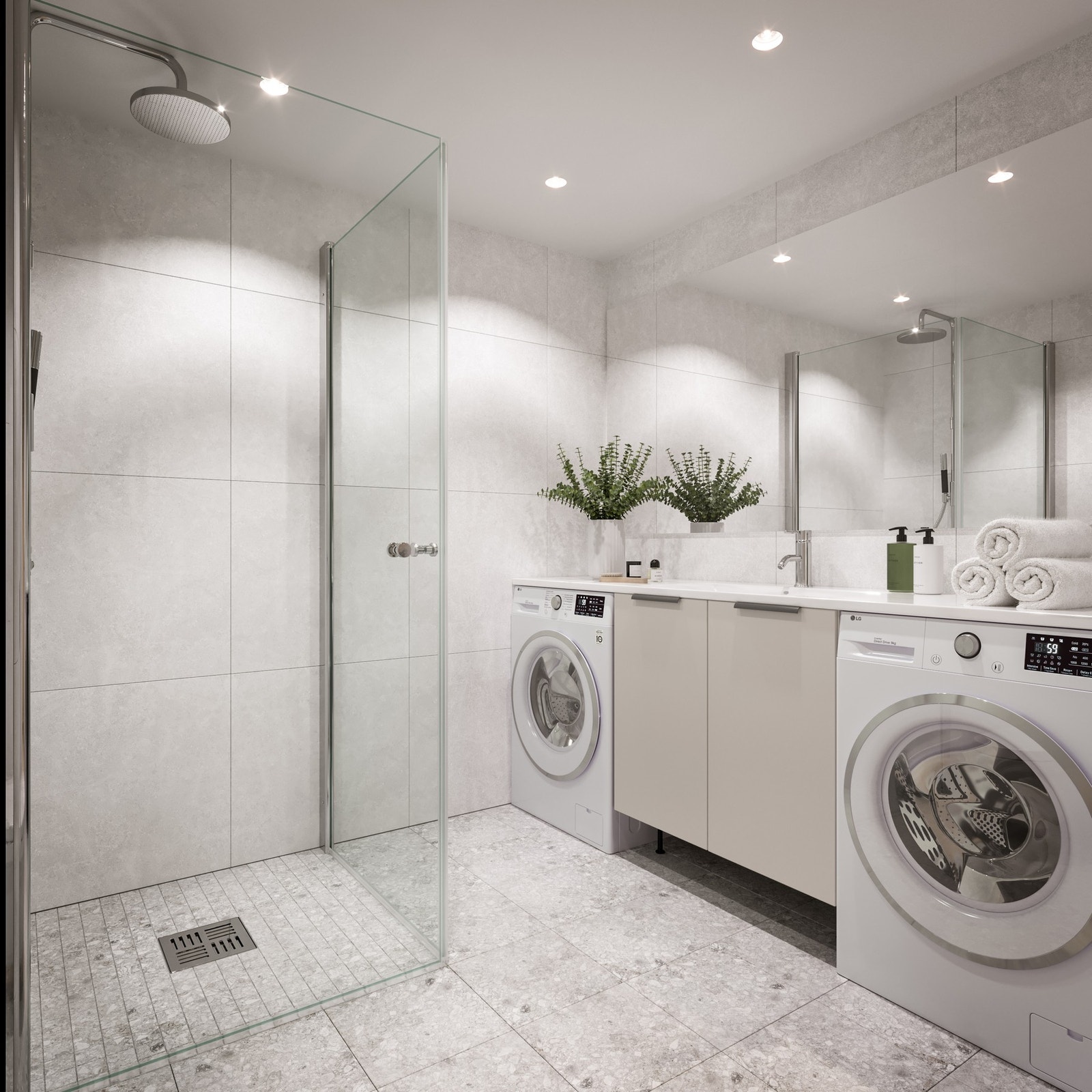 Badene leveres med moderne 30x30 mosaikkflis i dusjsonen og 60x60 lyse veggfliser som standard. Illustrasjonsbilde Galleribilde