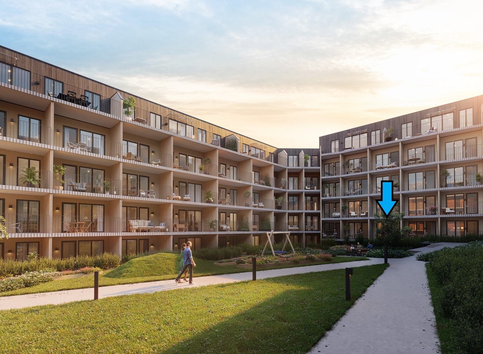 Leiligheten avmerket med meget god og rolig beliggenhet inn mot rolig gårdstun og terrasse mot vest Galleribilde