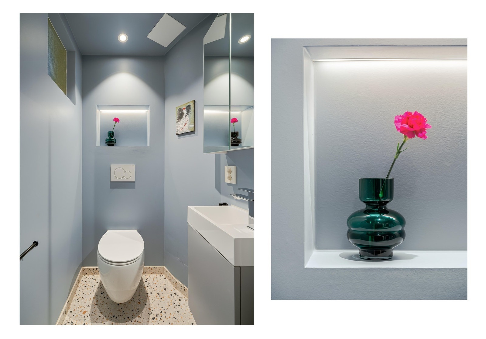 Fra entreen er det inngang til det separate toalettet, som i likhet med dusjrommet ble totalrenovert i november 2022. Også her foreligger dokumentasjon på arbeidene. Galleribilde