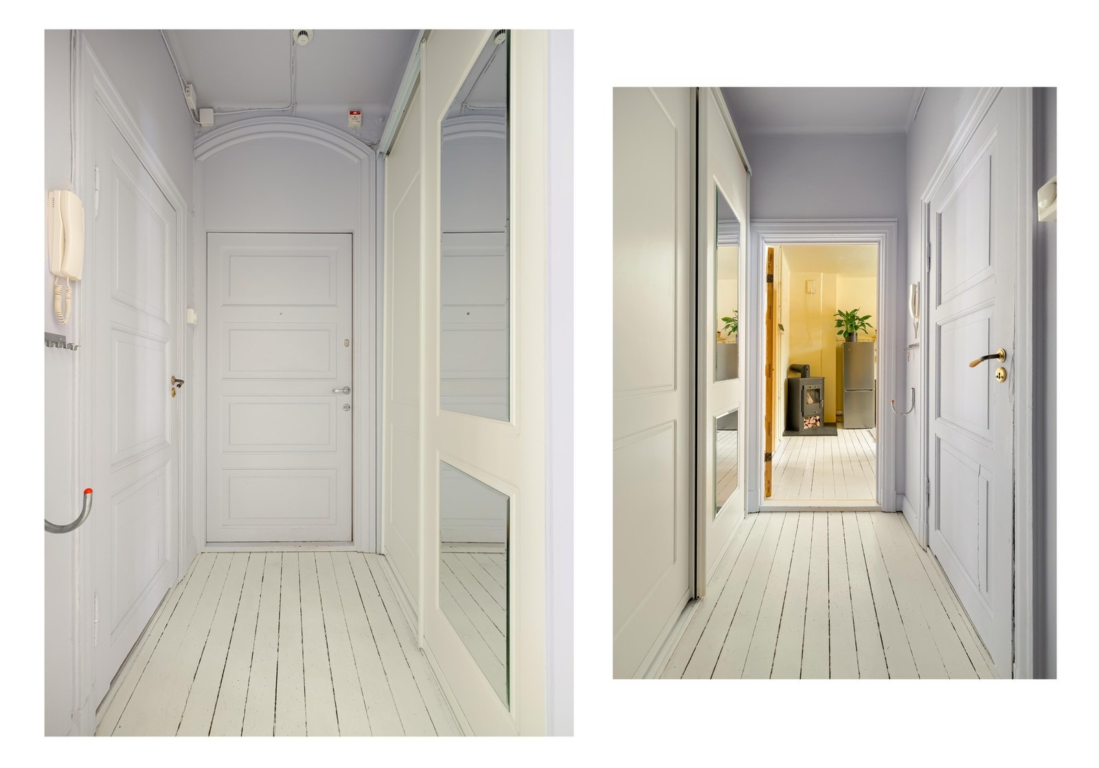 Gangen gir et godt førsteinntrykk med generøs takhøyde og gode oppbevaringsmuligheter i skyvedørsgarderoben. Galleribilde