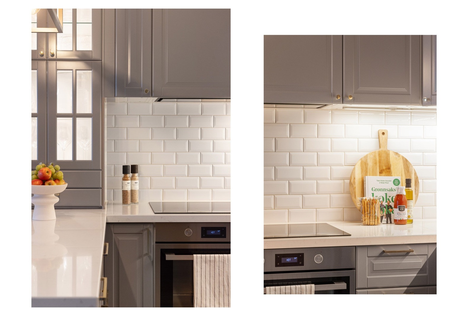 Kjøkkenet er utstyrt med en slitesterk benkeplate i kvarts, ventilator med avtrekk ut av bygget og stilrene "subway tiles" som gir et moderne preg. Galleribilde