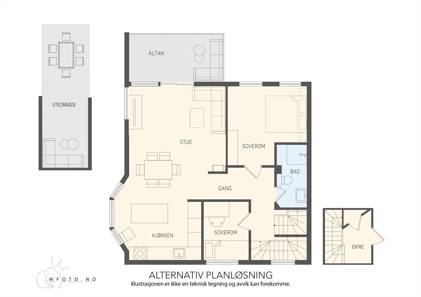 Alternativ planløsning: Ved enkle grep kan man sette opp en lettvegg og etablere et soverom til i hovedetasjen. Galleribilde