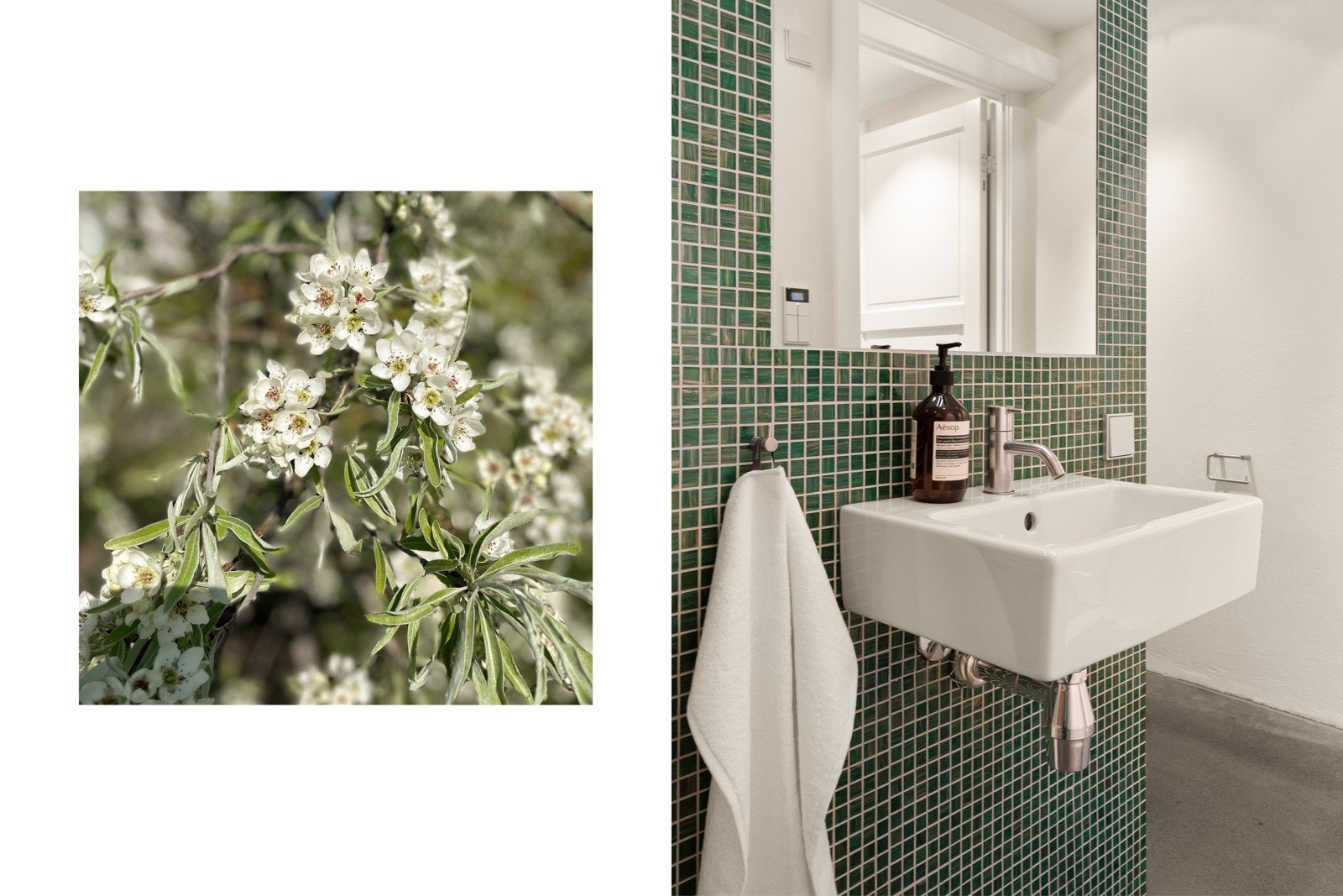 Badet i kjelleren er stilig utformet med slipt betonggulv, glatte veggflater i pusset mur, kombinert med grønne mosaikkfliser. Bilde fra hagen. Galleribilde