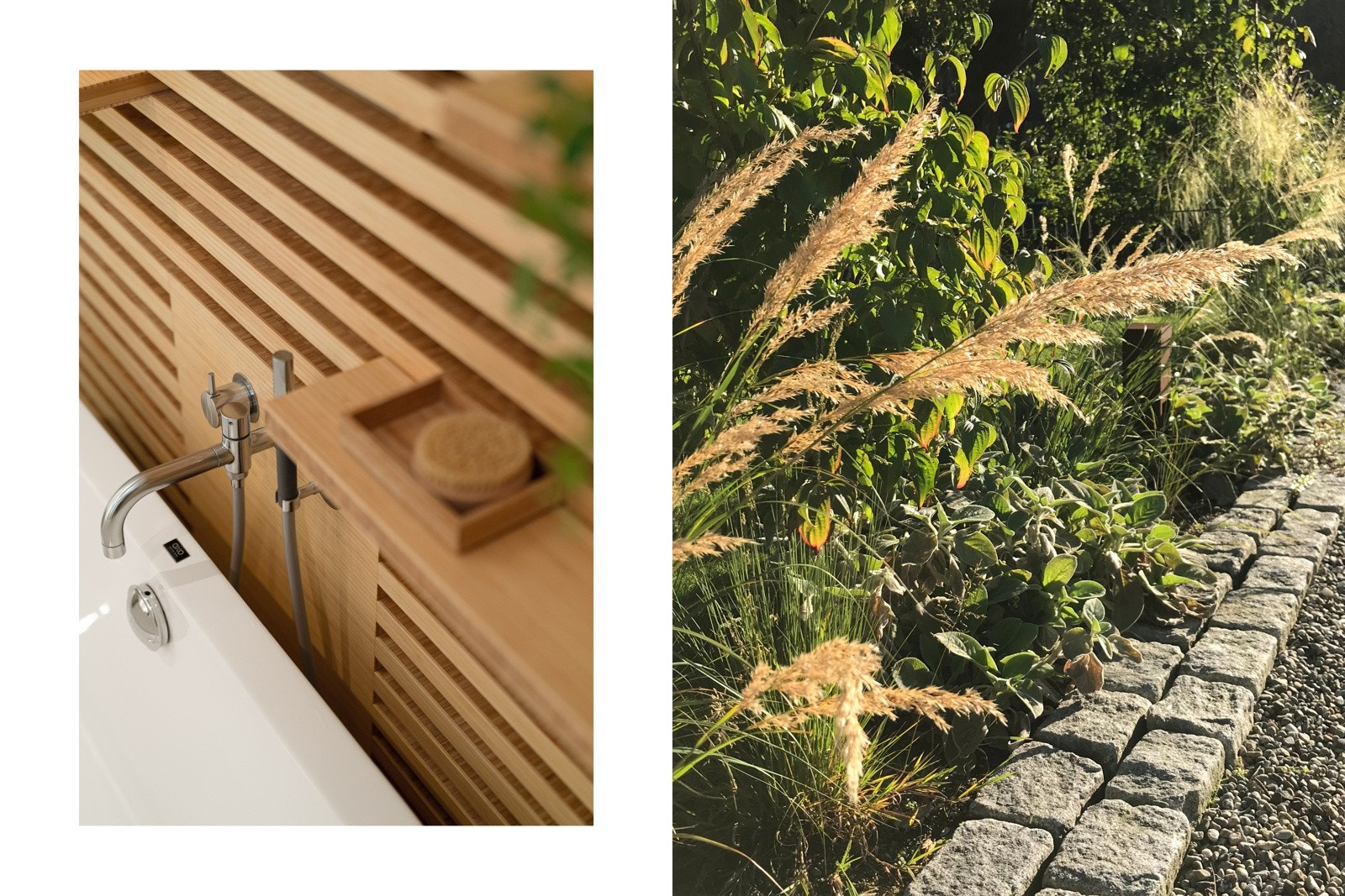 Den innerste veggen i badet er kledd i bambusspiler med integrerte hyller, og ved denne veggen er badekaret plassert til glede for store og små. Bilde fra hagen. Galleribilde