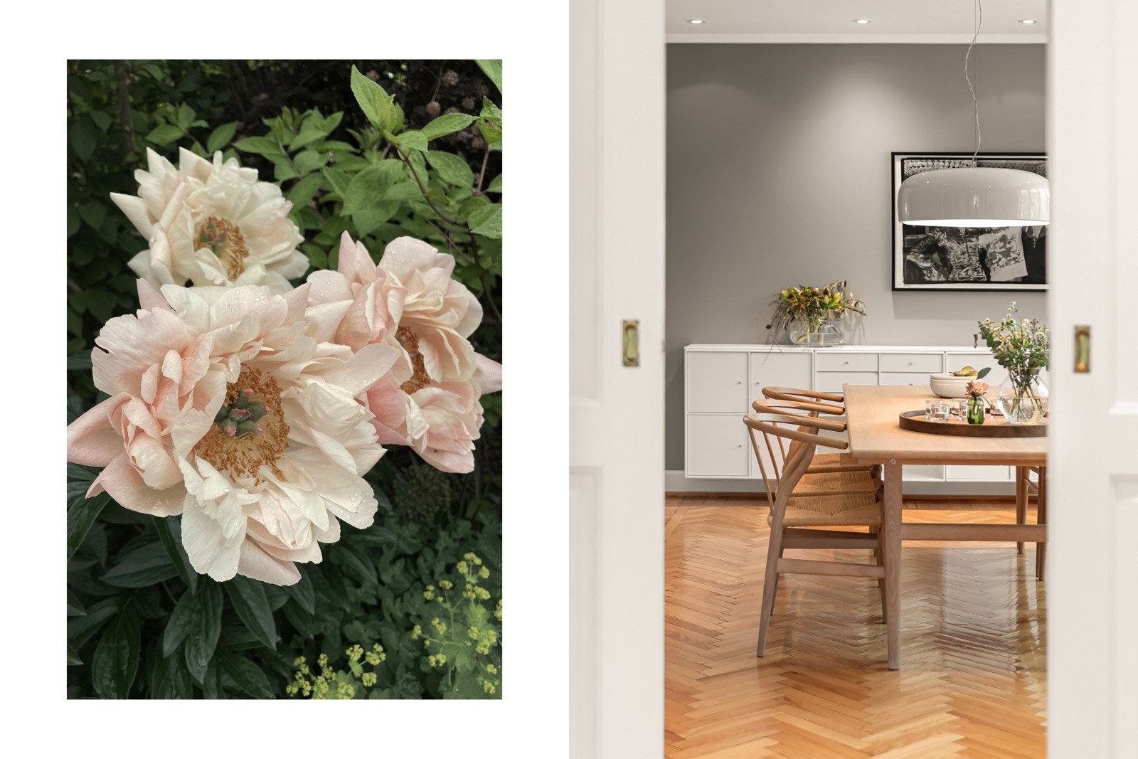 Dobbel skyvedører fra stuen og inn til den flotte spisestuen. Bilde fra hagen. Galleribilde