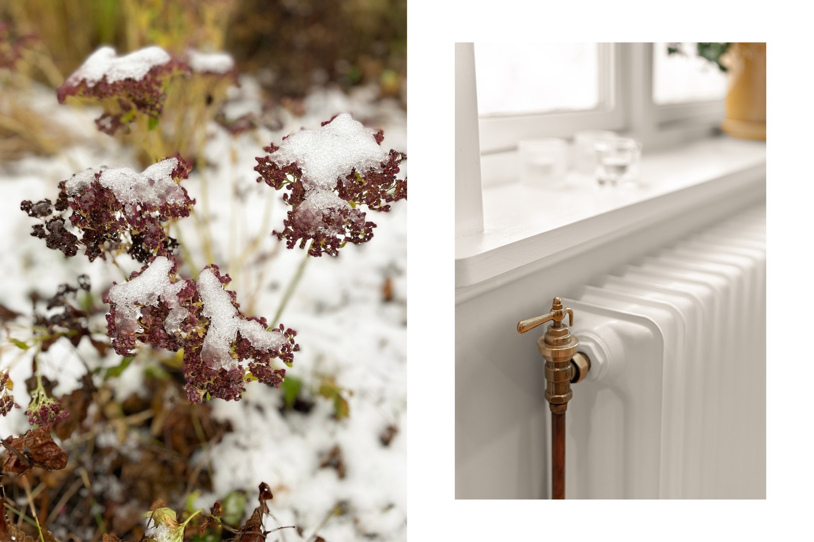 Radiatorer tilkoblet bergvarmeanlegget, utstyrt med ventiler i messing. Bilde fra hagen. Galleribilde