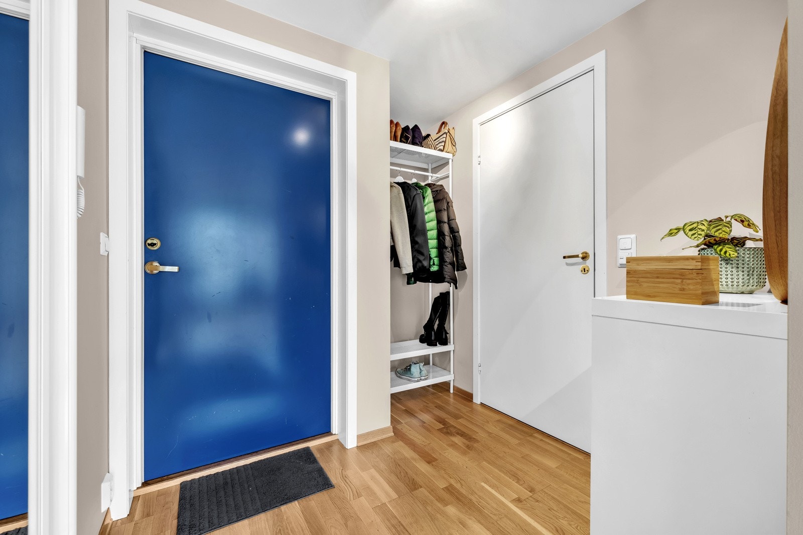 Rett ved ytterdøren er det montert dørcalling, og det er avsatt plass til garderobeløsning i nisje til høyre Galleribilde