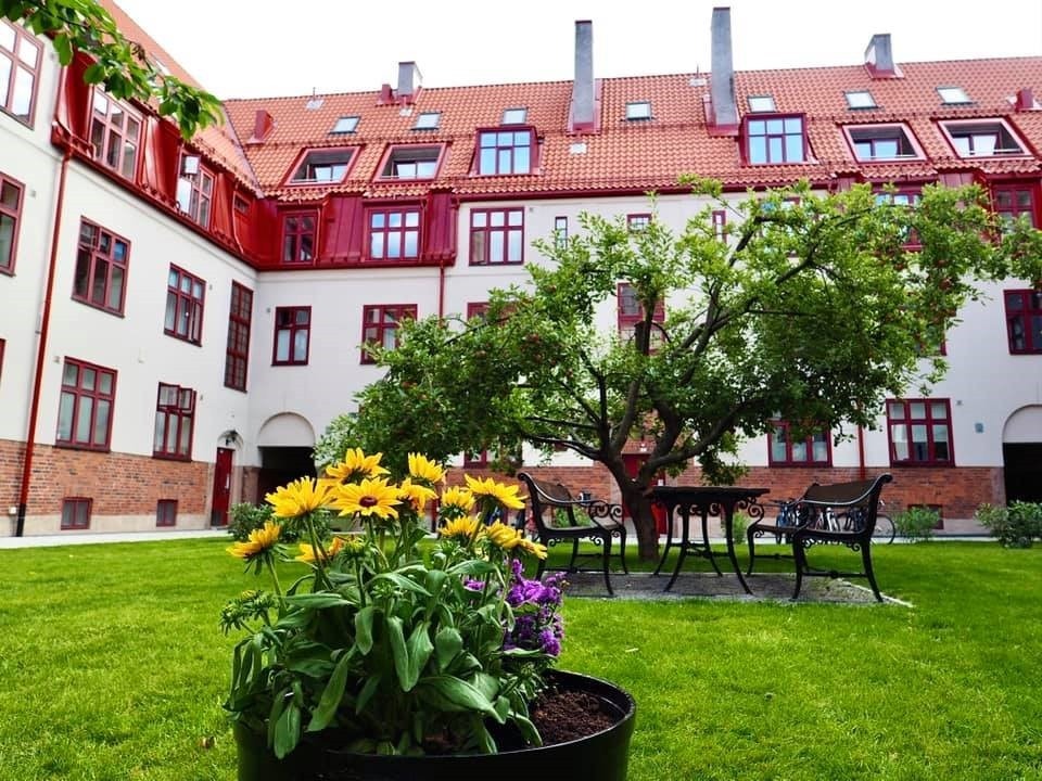 Private sommerbilder av den flotte gården. Bakhagen er frodig og pen og opparbeidet med både gress, frukttrær, flotte beplantninger og koselige sittegrupper. Galleribilde