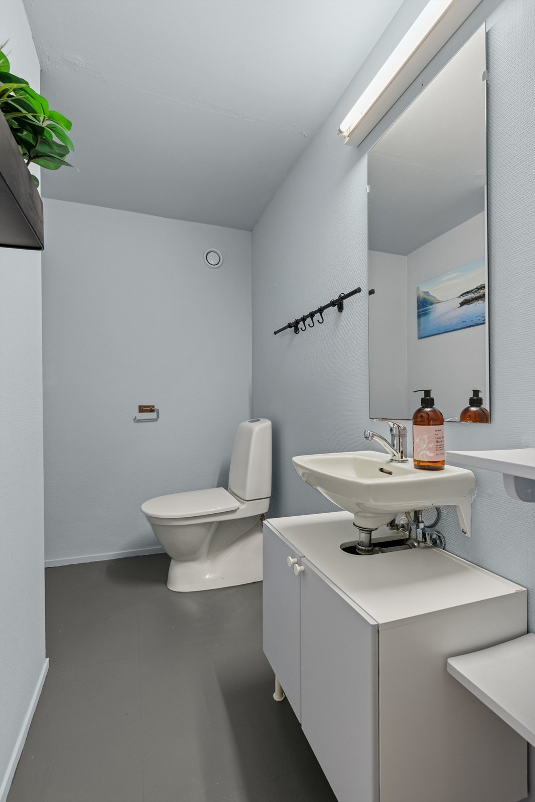 Gulvmontert toalett og servant med skapinnredning. Galleribilde