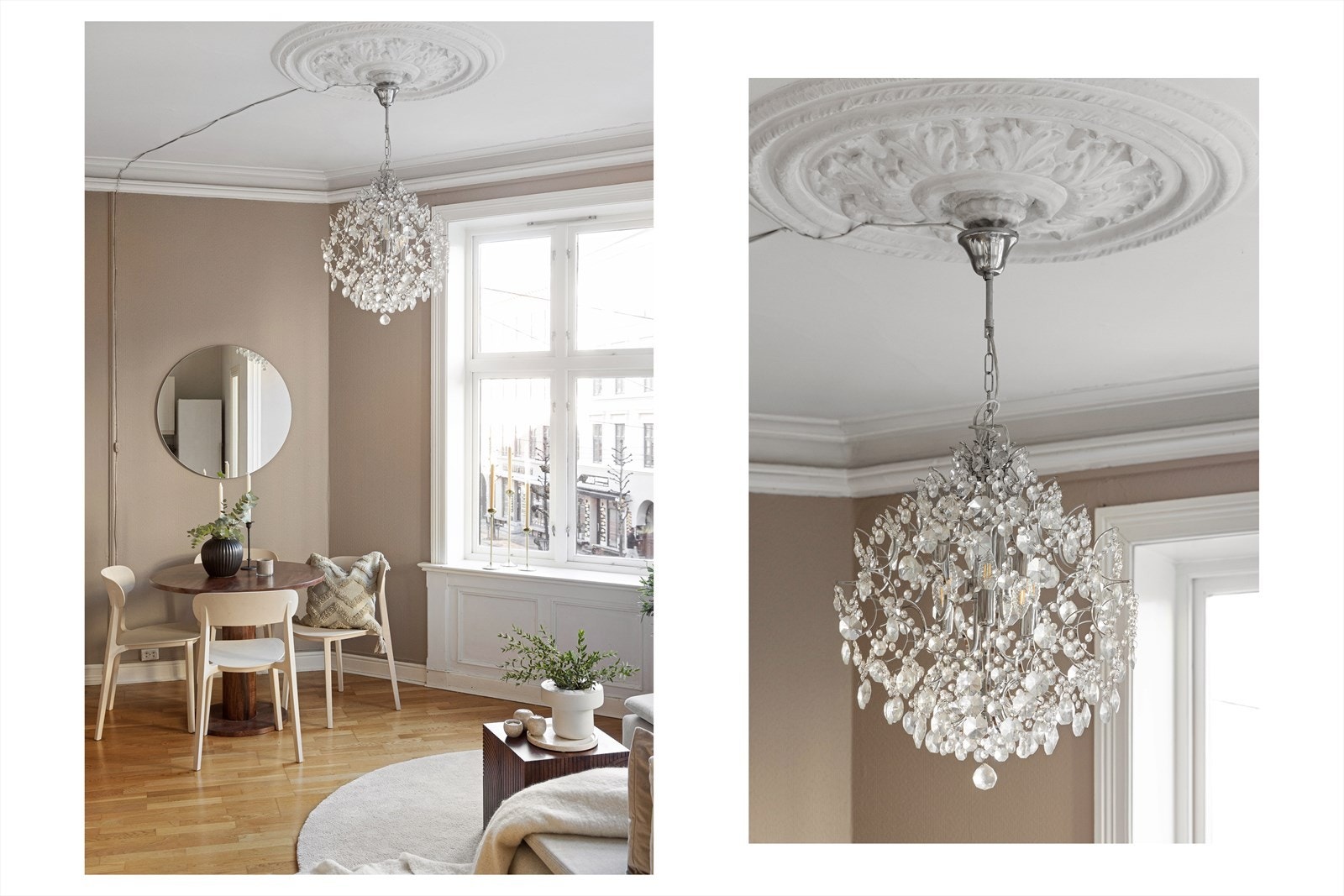 - Stuen har flotte detaljer som rosett og dype karmer. Det er naturlig plass til spisebord i stuen. Her kan alle dagens måltider nytes i ro og fred - Galleribilde