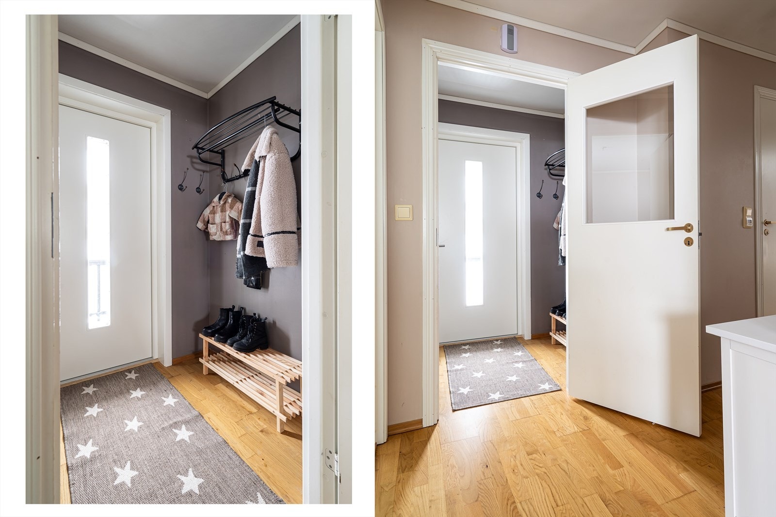 Vindfanget har fastmontert knaggrekke og er malt i en tidsriktig fargenyanse. Fra entré kommer man videre inn til gang. Galleribilde