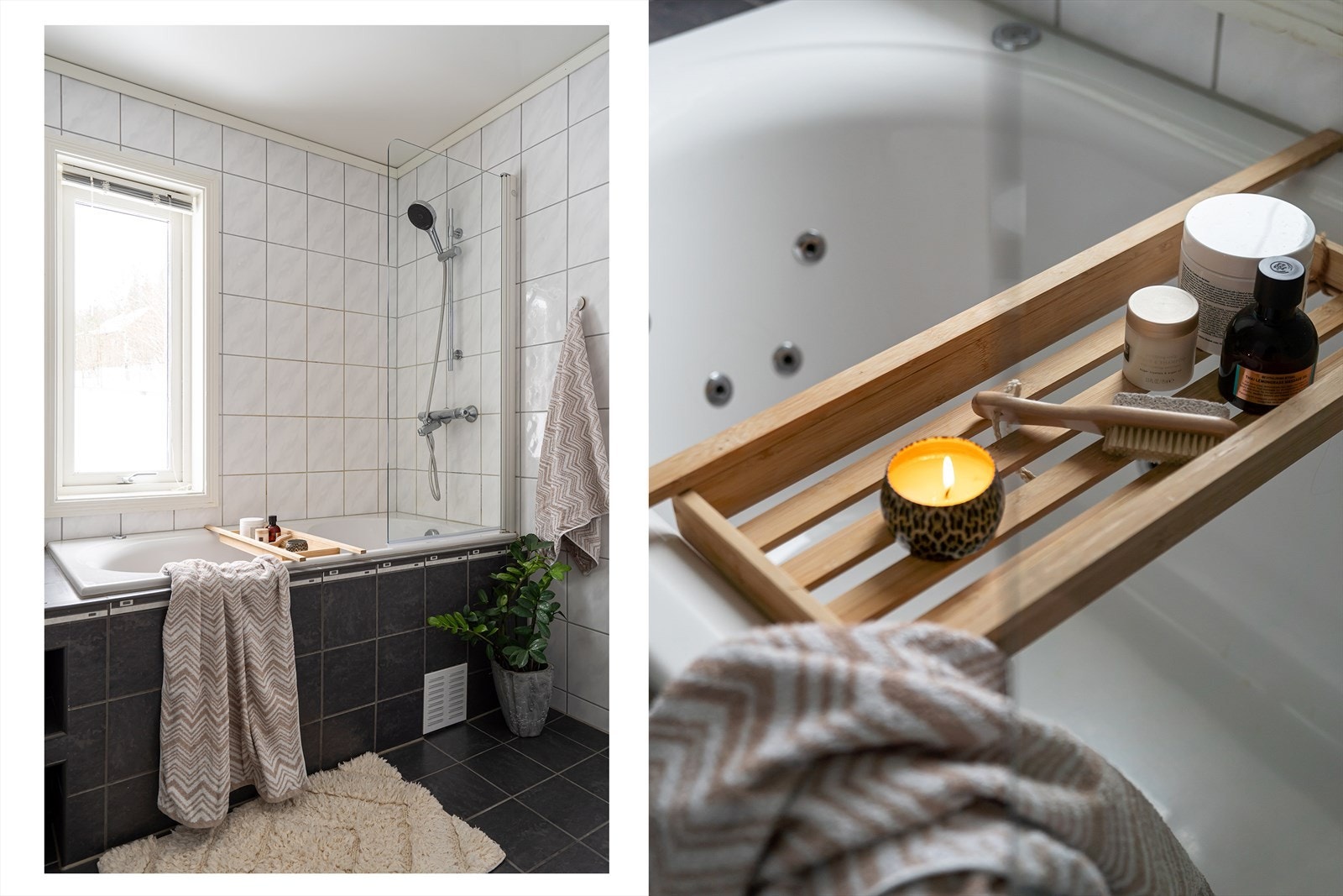 Badet har mørke gulvfliser og hvite veggfliser for en fin kontrast. Galleribilde