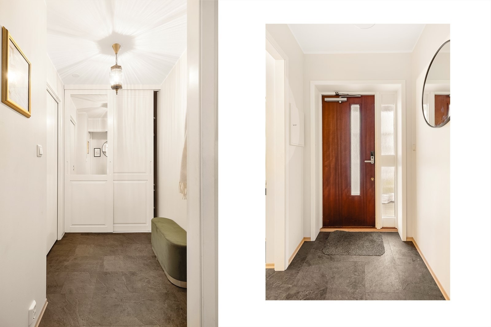 Entre og gang med garderobe og dør til bod. Galleribilde