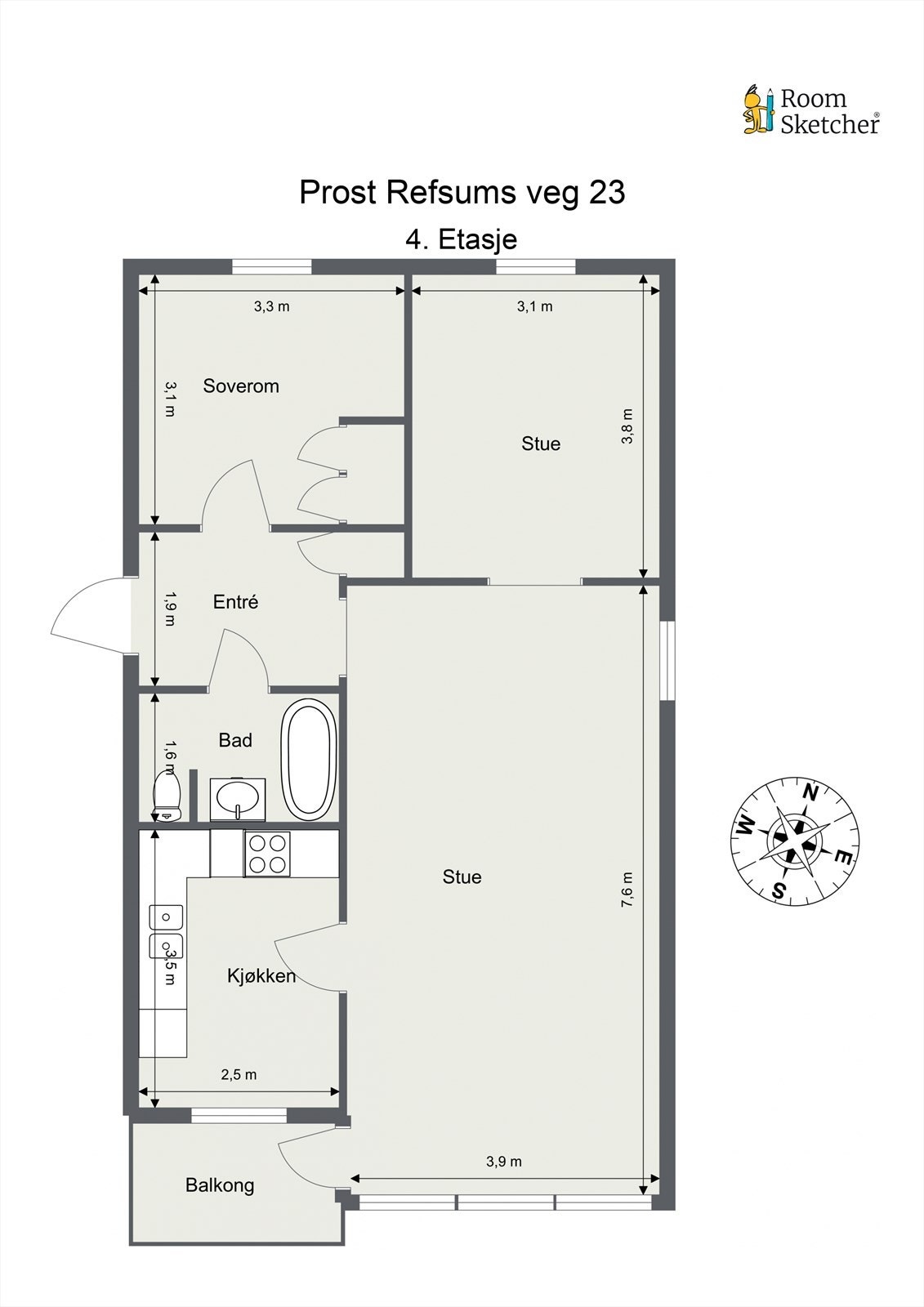 Planskisse. I følge byggetegninger er den minste stuen godkjent som soverom. Galleribilde