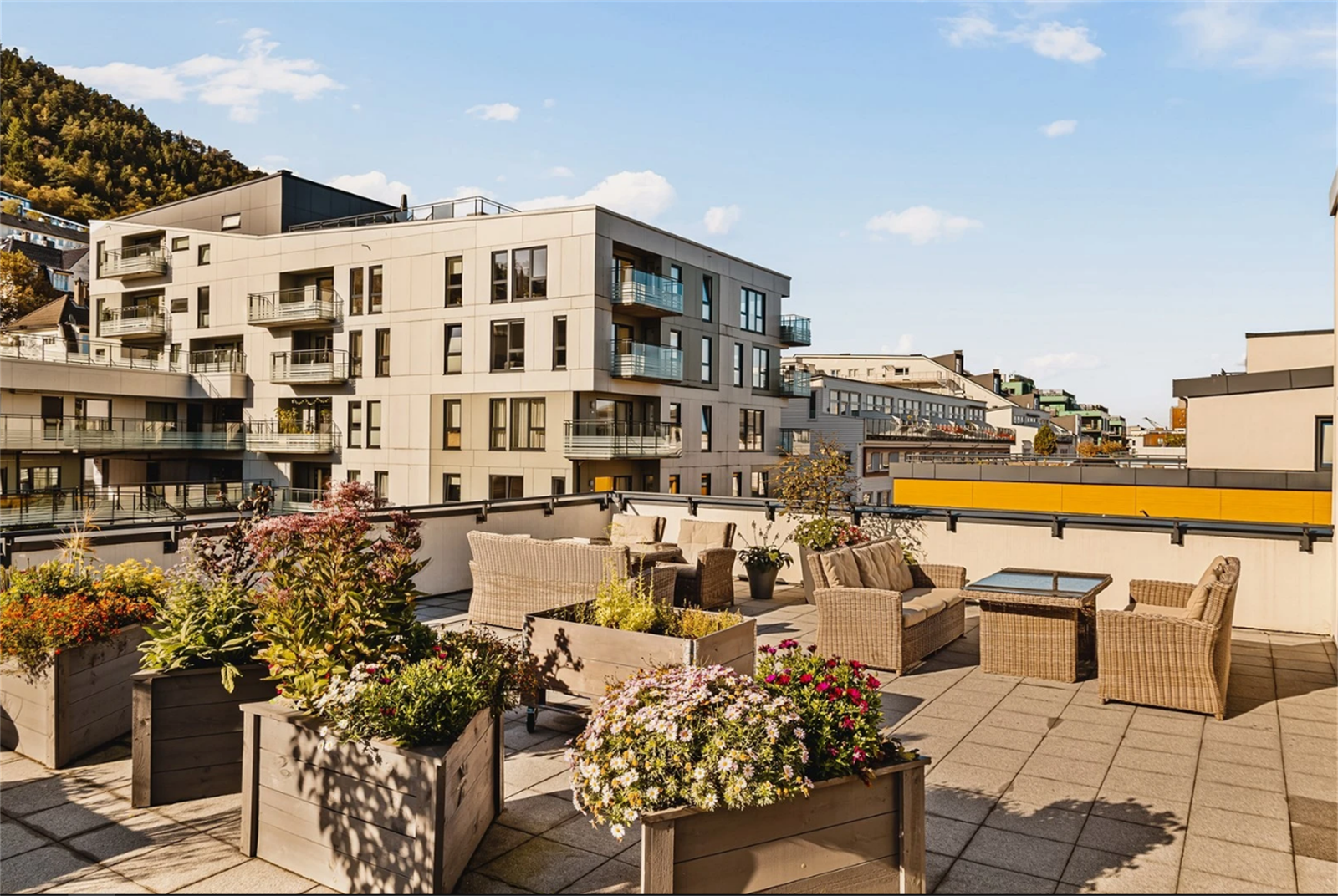 Sameiet har flotte og velholdte fellesarealer- blant annet to eksepsjonelle takterrasser som er pent beplantet og møblert Galleribilde