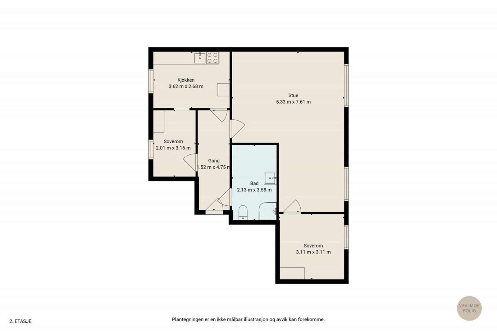Plantegning av 3-roms leiligheten | Alle leilighetene er av samme stand og lyse og romslige rom Galleribilde