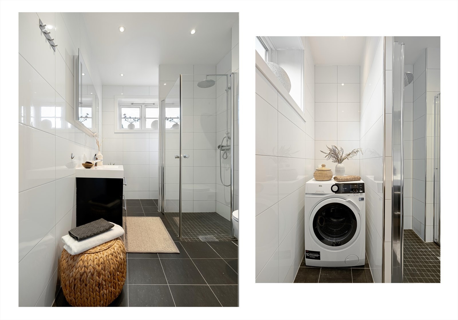 Badet har tidsriktige farge- og materialvalg med flislagte overflater, elektrisk gulvvarme og innfelte downlights i himling. Det er opplegg for vaskemaskin i praktisk, skjult nisje. Galleribilde