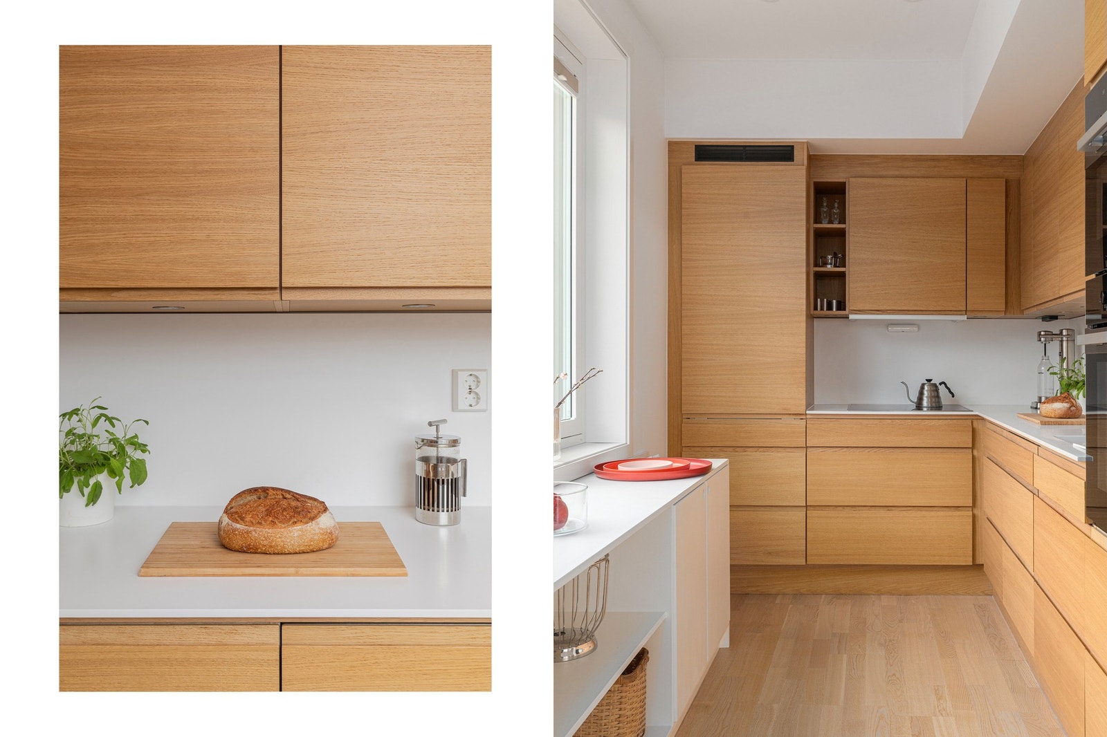 Kjøkkenet har integrerte hvitevarer fra kvalitetsprodusenten Miele, elegant benkeplate og backsplash i hvit corian, induksjonstopp og strategisk plasserte stikkontakter for optimal funksjonalitet. Galleribilde