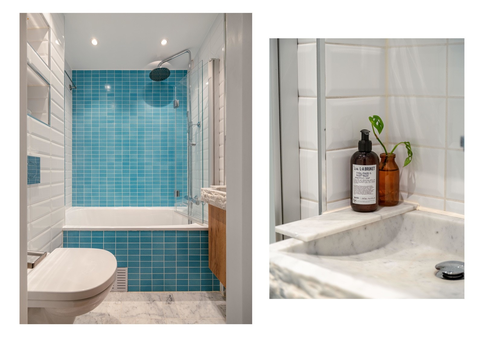 Lekkert flislagt bad som står i stil til fargepaletten i leiligheten for øvrig. Galleribilde