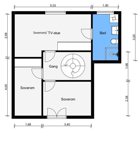Boligens andre etasje er innredet med 3 soverom, gang og bad. Det største soverommet kan brukes som TV-stue/gjesterom. Galleribilde