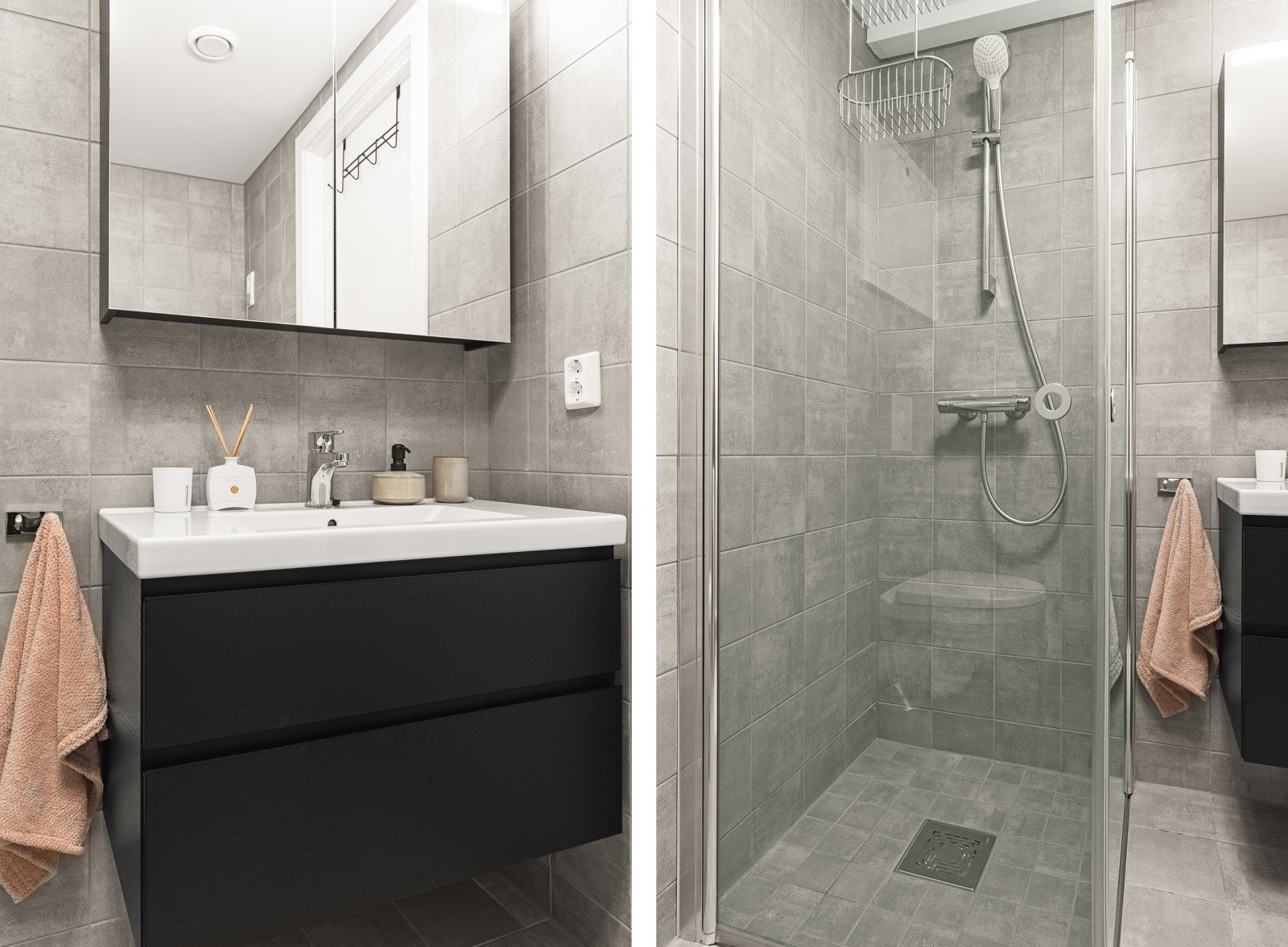 Lekkert baderom med varmekabler i gulv, moderne fargevalg og god oppbevaring i møbel og speil. Galleribilde