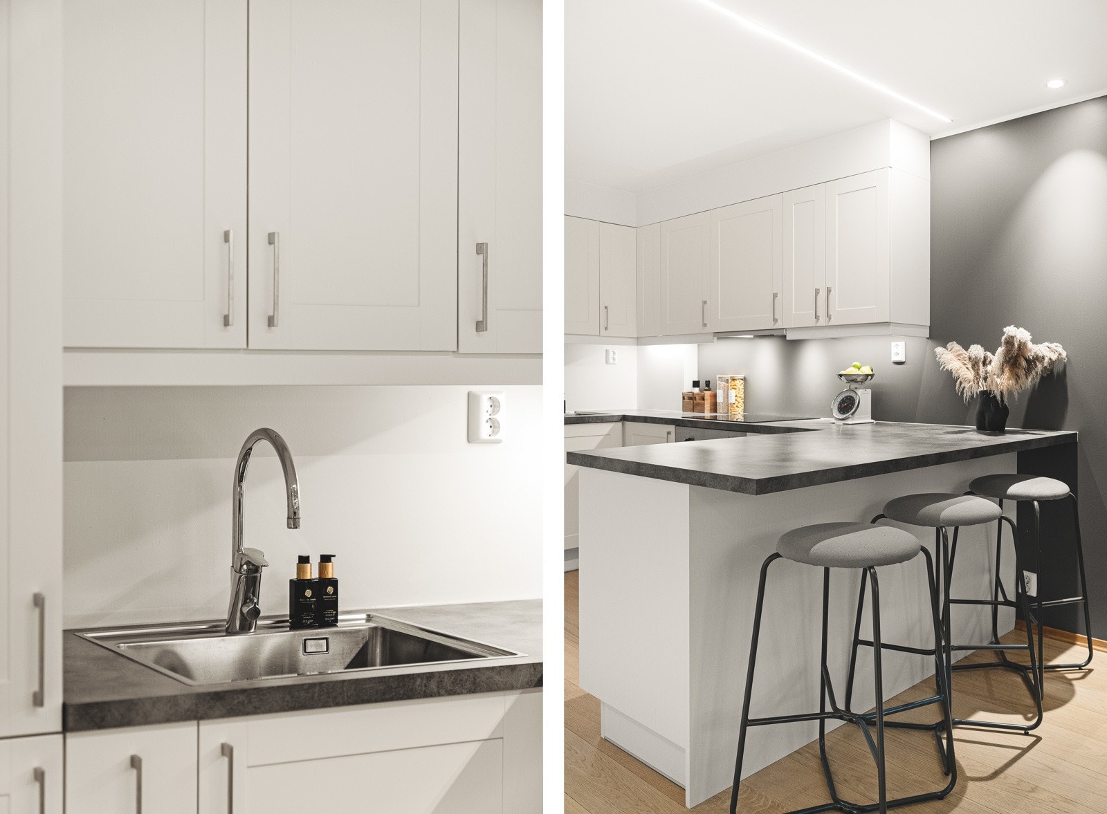 Her er det fokusert på god skap og benkeplass. Et praktisk og sosialt kjøkken med frokostbar løsning. Galleribilde