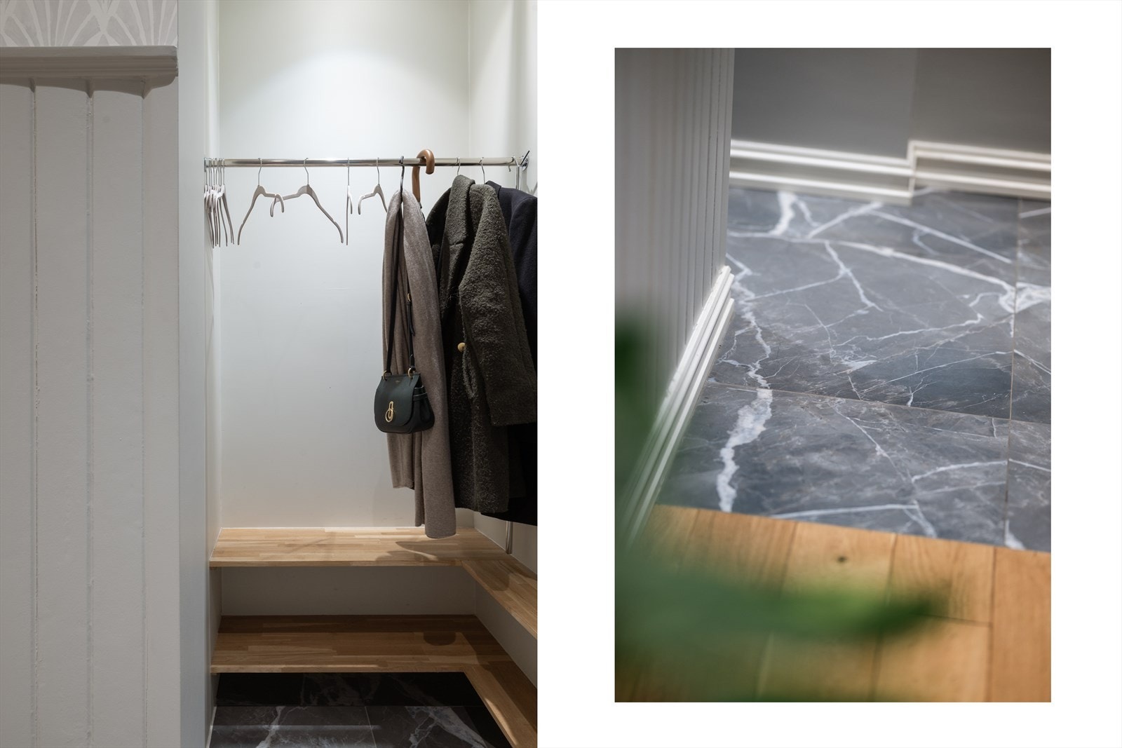 Det er plassbygget en flott garderobeinnredning med oppheng og hyller - Entréen er koblet til calling anlegg som gjør det enkelt å slippe inn gjester Galleribilde