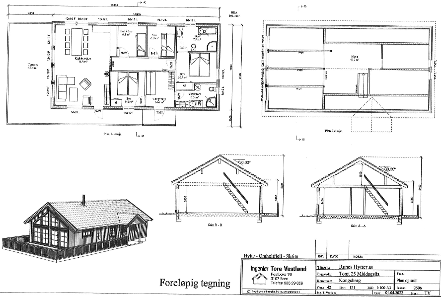 Plantegninger og snitt av den prosjekterte hytta som planlegges på Tomt 25 i Middagslia Galleribilde