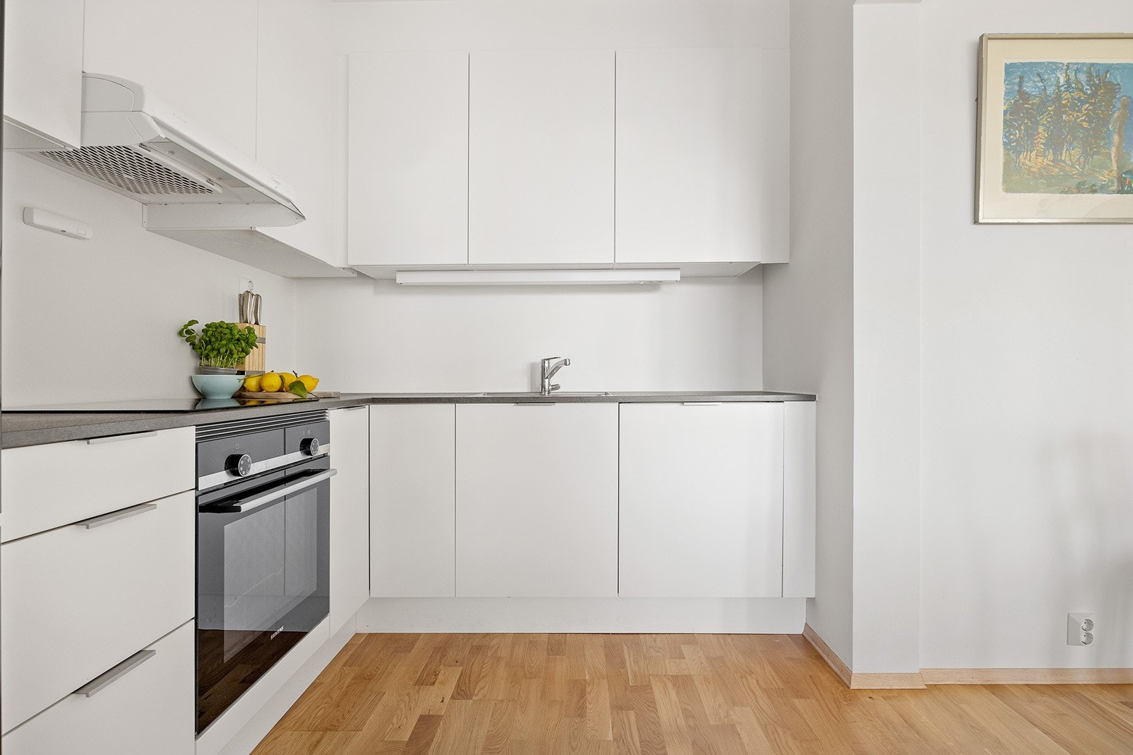 Kjøkkeninnredning med integrert komfyr og nedfelt platetopp med komfyrvakt, samt frittstående kjøleskap med frysedel. Galleribilde