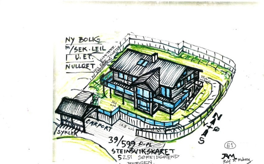 Skisse av godkjent rammeløyve. Merk at det kun er godkjent med hybel som del av egen bolig (ikke selvstendig boenhet) i underetasjen. Galleribilde