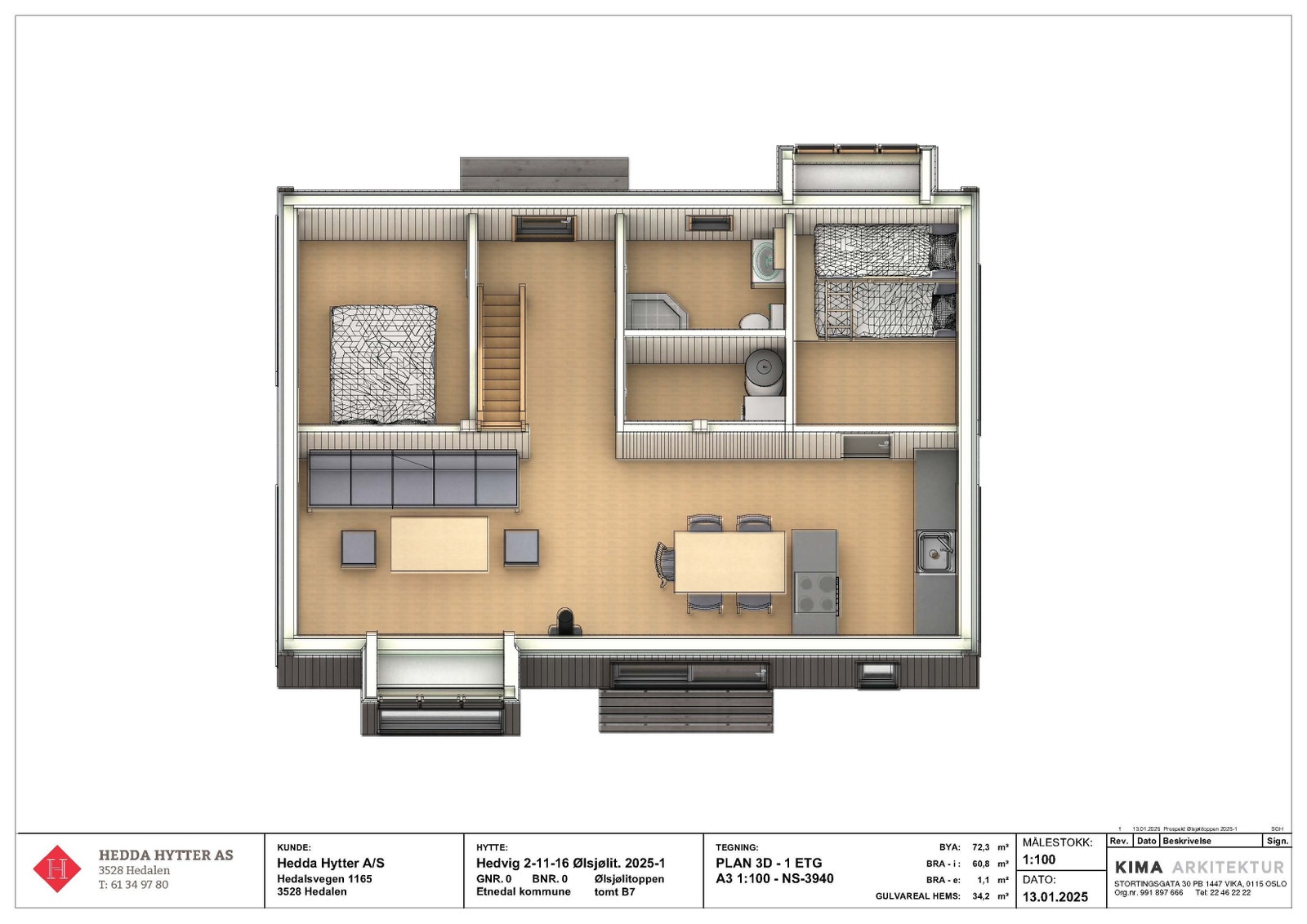 1. etg. vist med forslag til møblering. Kjøkken tilpasses; her vist med benk og kjøkkenøy. Sett fra sør Galleribilde
