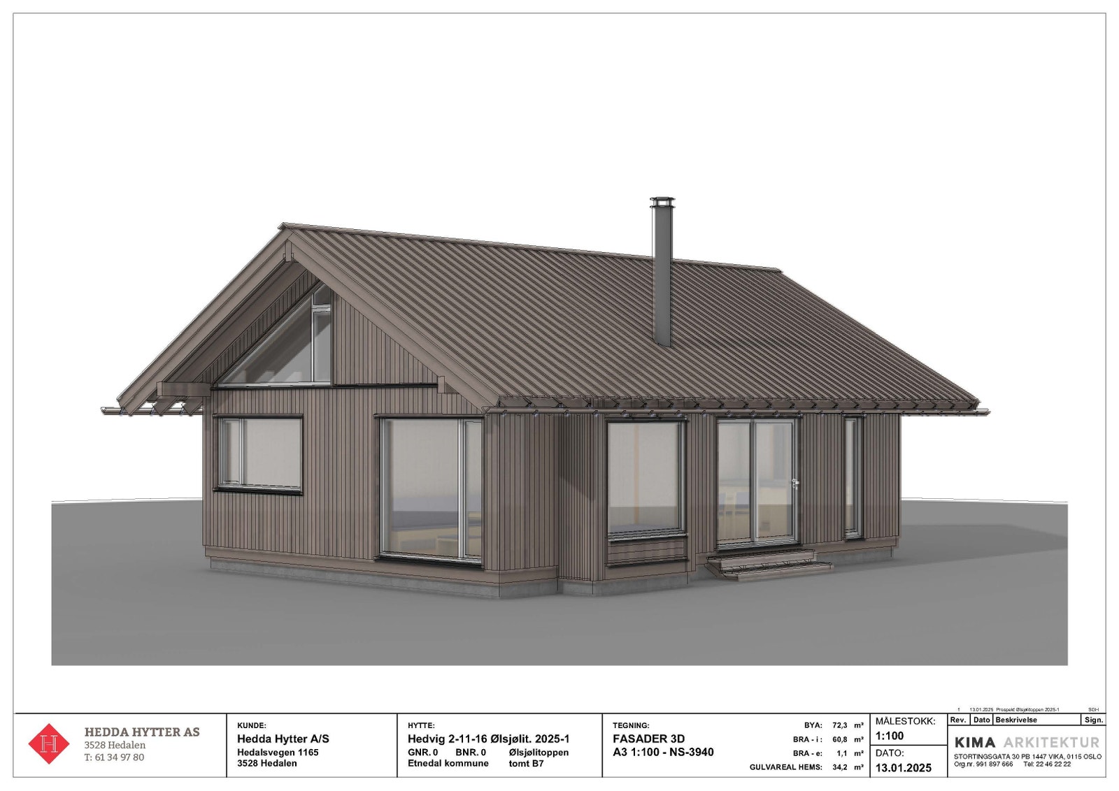 Fasadetegning for prosjektert Hedvig mot sør-vest. Utsyn mot Jotunheimen. Galleribilde