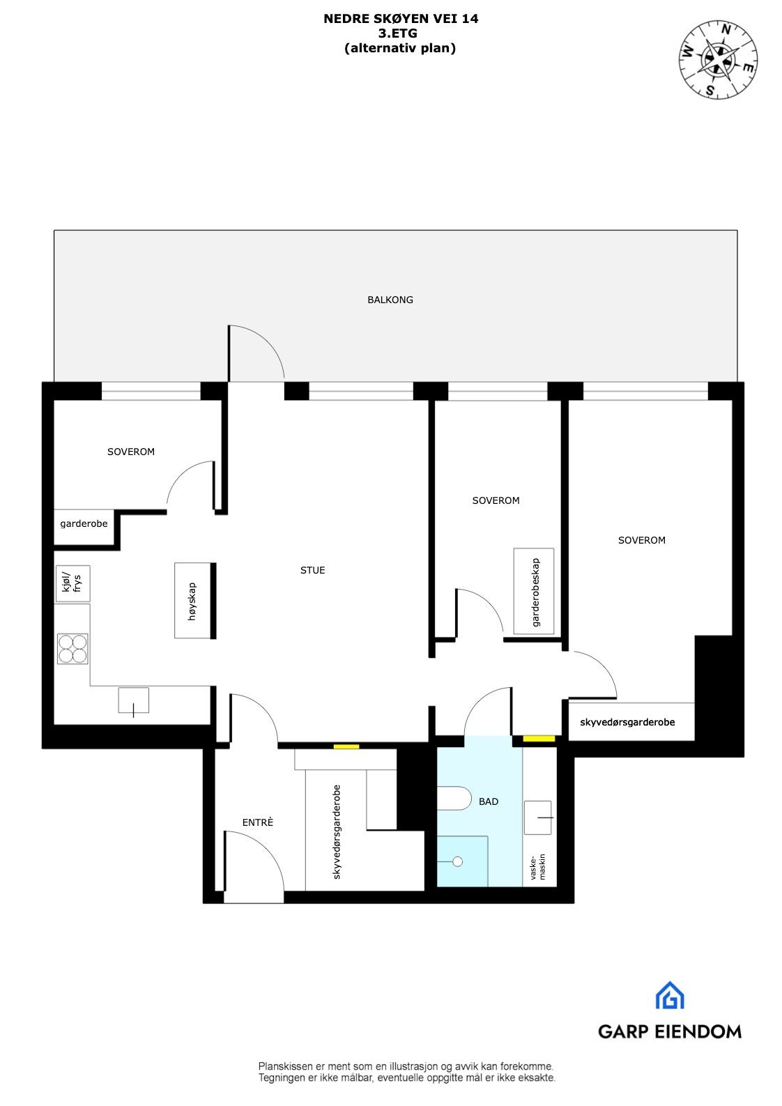 Alternativ plantegning med antatt mulighet for tre soverom. Megler har ikke undersøkt hvorvidt løsningen lar seg gjennomføre Galleribilde