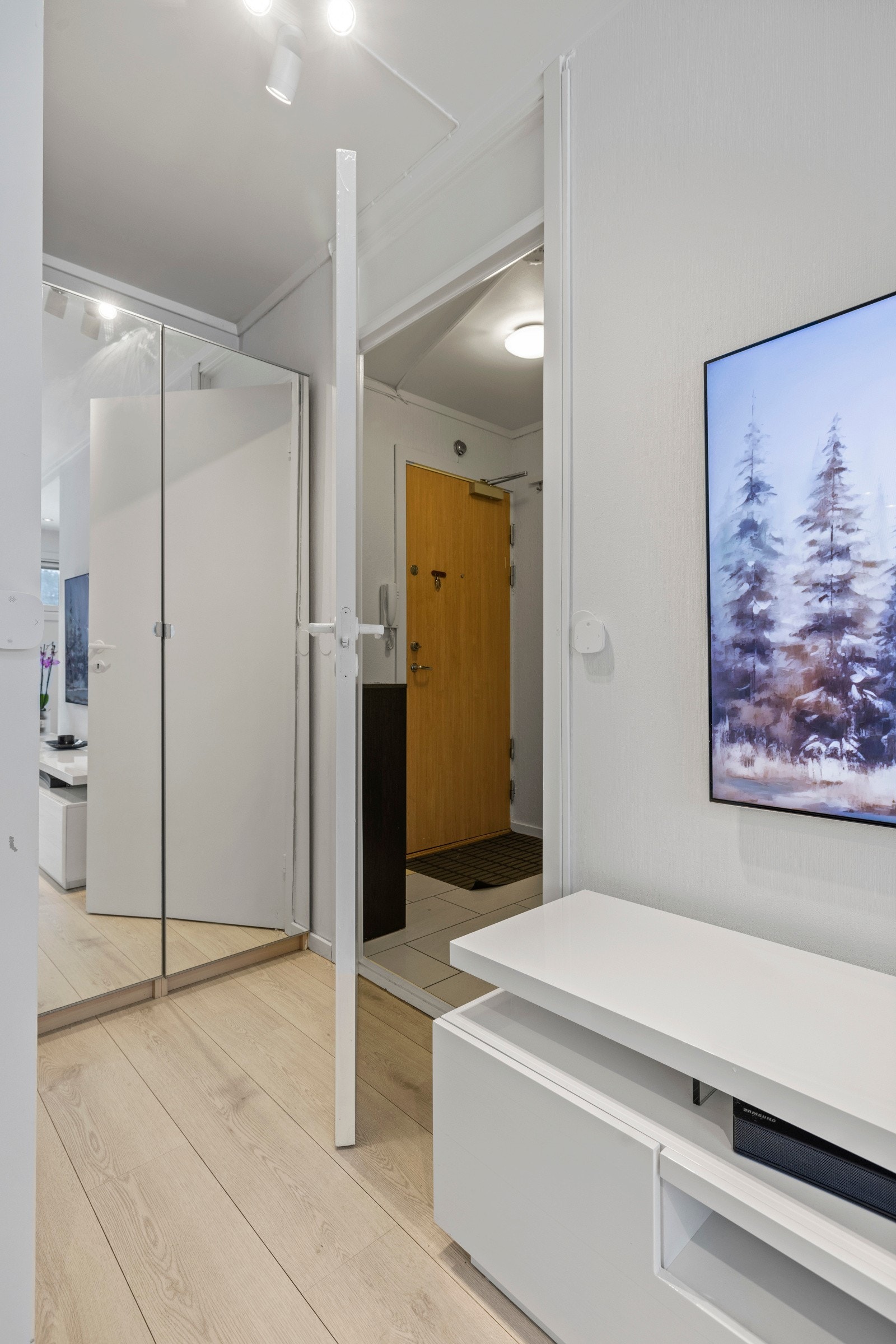 Både i entreen og i stuen rett innenfor står det et garderobeskap med speilfronter Galleribilde