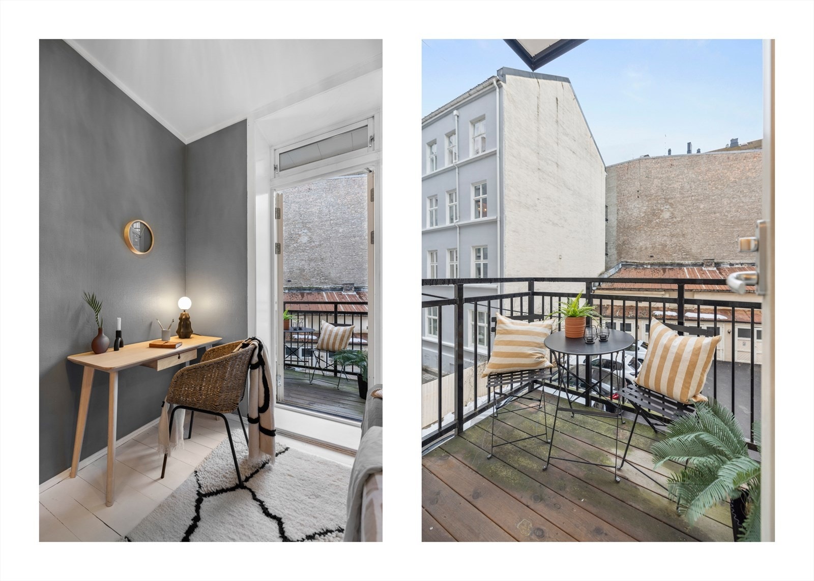 Hyggelig vestvendt balkong på ca 3 m². Balkongen er oppført i stålkonstruksjon med trykkimpregnerte terrassebord og et rekkverk av stål med en høyde på 112 cm Galleribilde