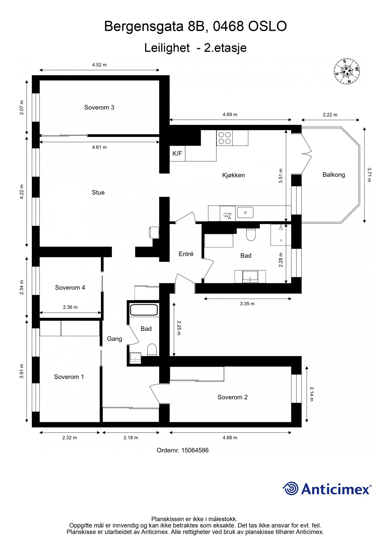 Plantegning. I tillegg disponerer leiligheten en kjellerbod med gulvareal på ca. 9m² samt 2 loftsboder med skråtak og et totalt gulvareal på ca. 7m². Tilgang til fellesvaskeri i nabooppgangen. Galleribilde
